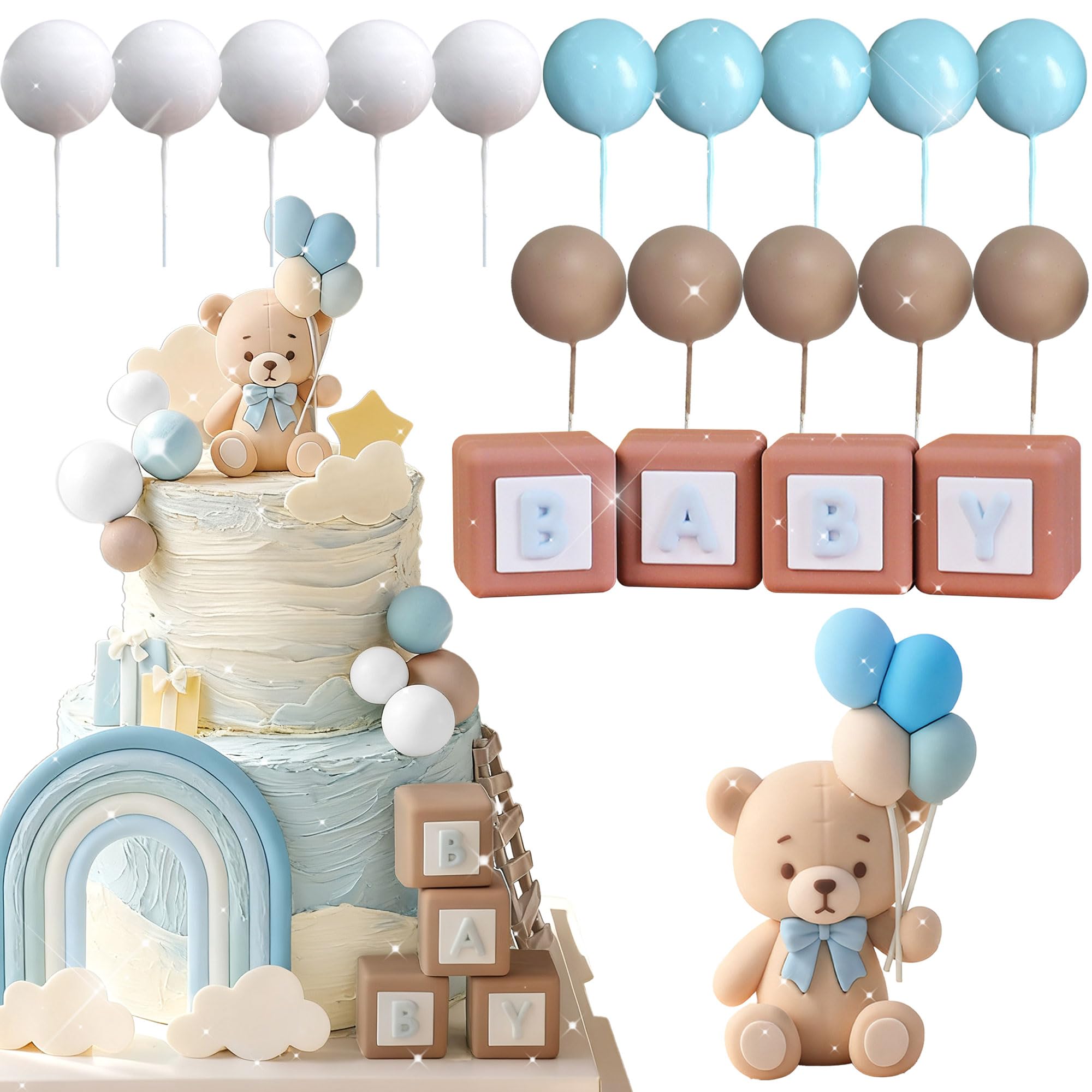 Blue Bear Cake Decoration Blue White Balls Cake Topper Bears Baby Shower Birthday Party Decoration