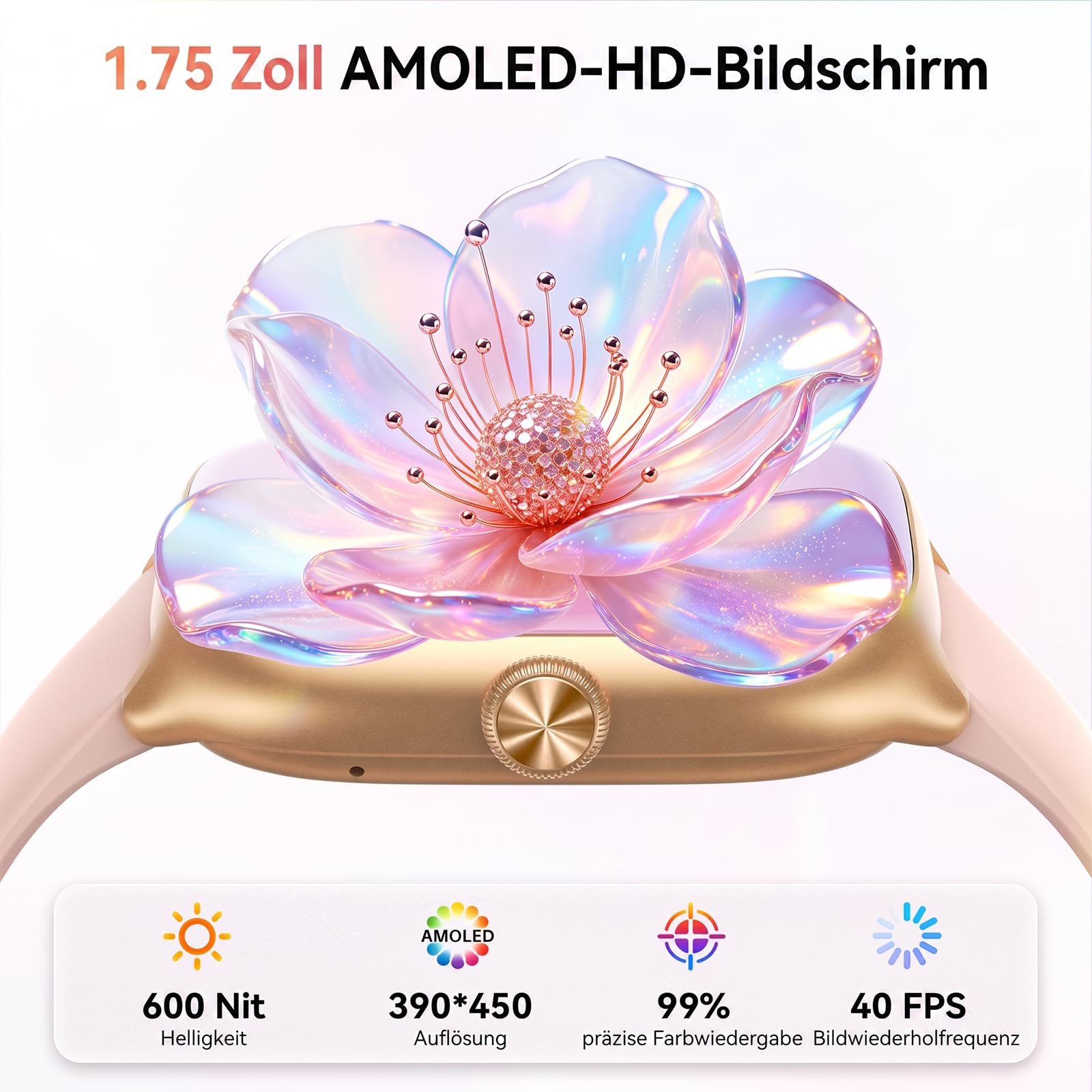 Smartwatch Damen Herren 1,75" AMOLED Fitnessuhr mit Bluetooth Telefonie, 24/7 Herzfrequenz Stress Schlafmonitor, 120+ Sportmodi & Sprachassistent, 3 ATM Wasserdicht, Sportuhr für Samsung Android iOS