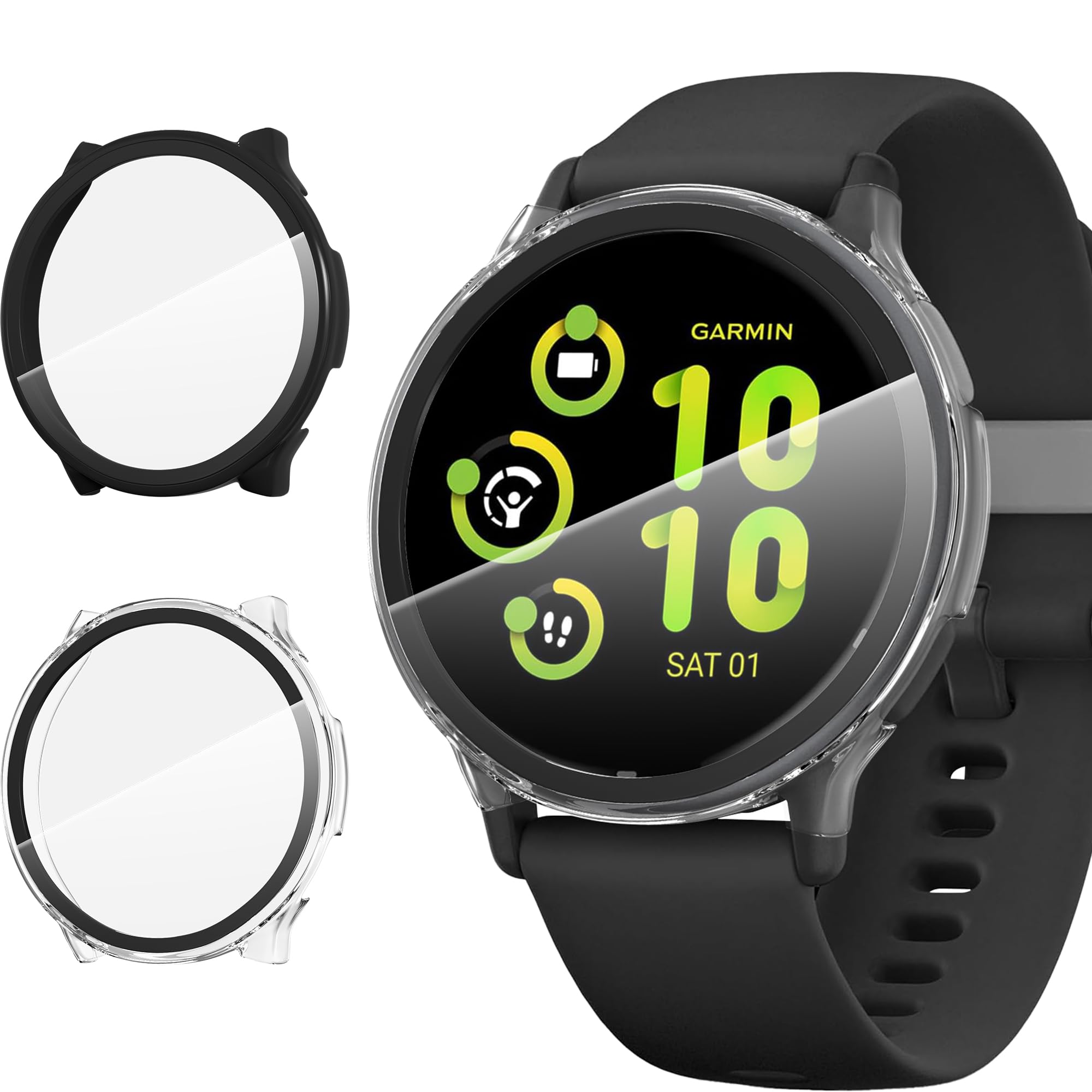 Suoman 2 Pack for Garmin vivoactive 5 Smartwatch Case, 9H Tempered Glass Screen Protector+ Charger Port, All-Coverage PC Protective Cover Bumper (Black+Clear)