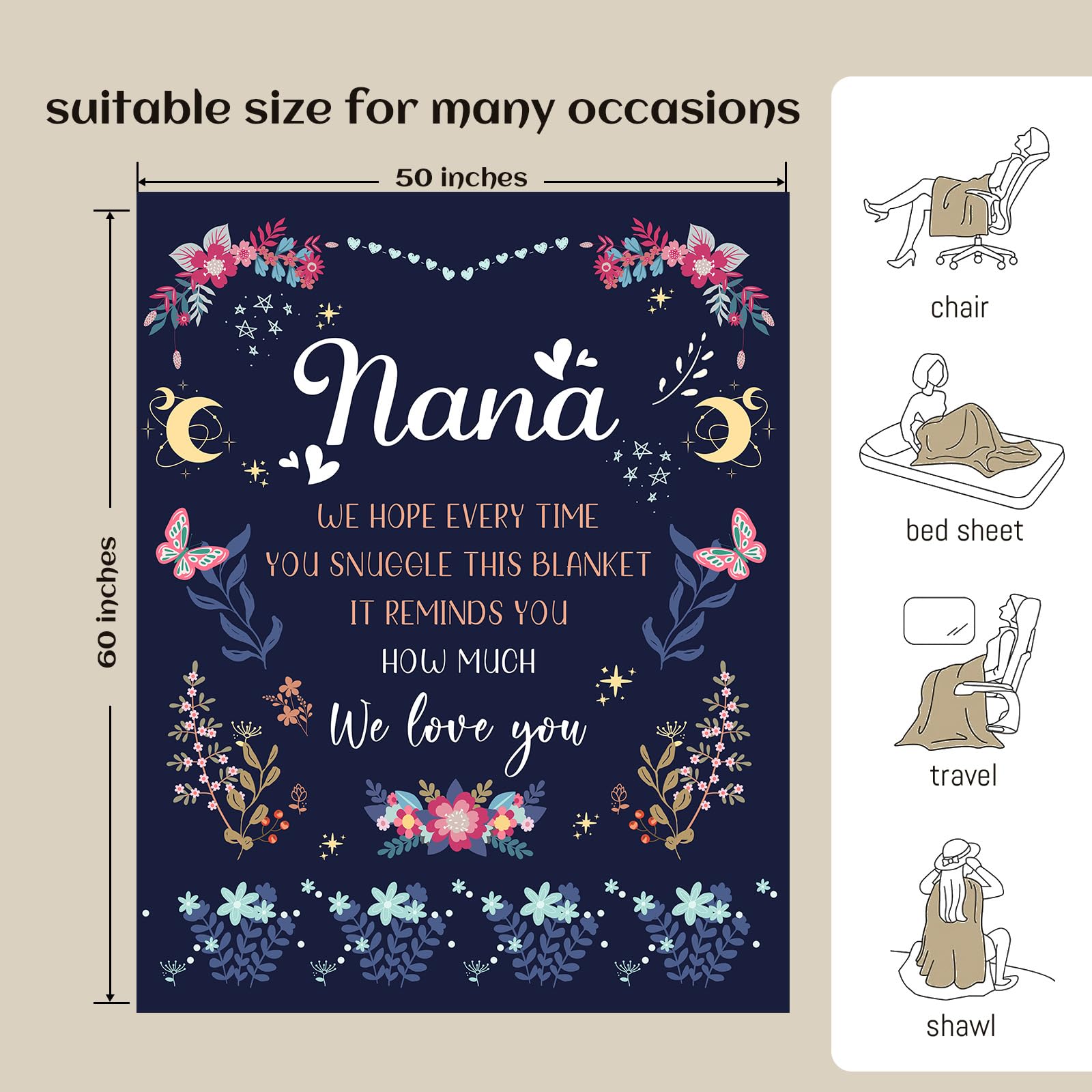 Nana Gifts on Christmas, Nana Birthday Gifts from Grandchildren, Flower Blankets for Nana, Gifts for Nana Grandma on Mothers Day Xmas, Soft Flannel Blankets 50