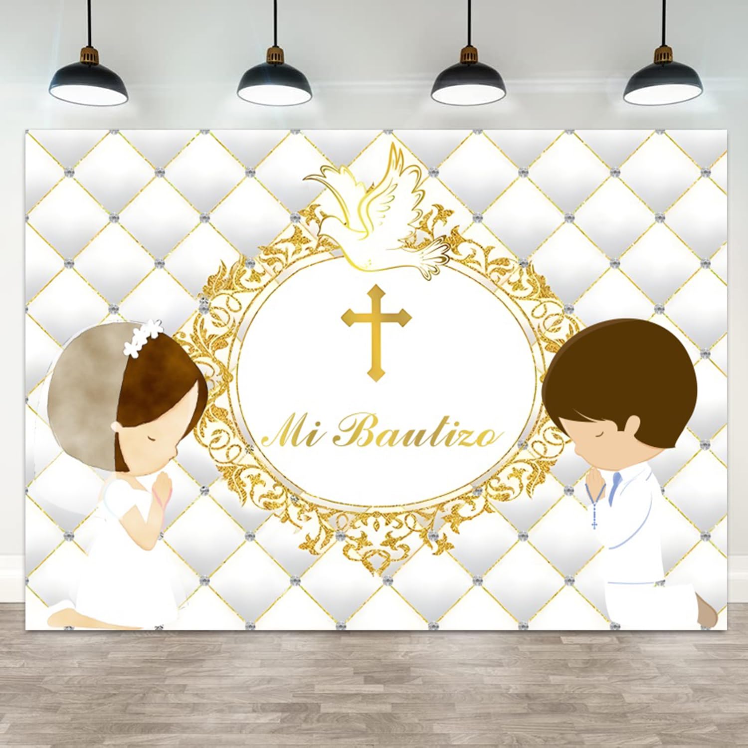 ASDCXZ 8x6ft Mi Bautizo Backdrop Baptism God Bless First Holy Communion Photography Background Gold Cross Peace Dove Newborn Baby Shower Banner