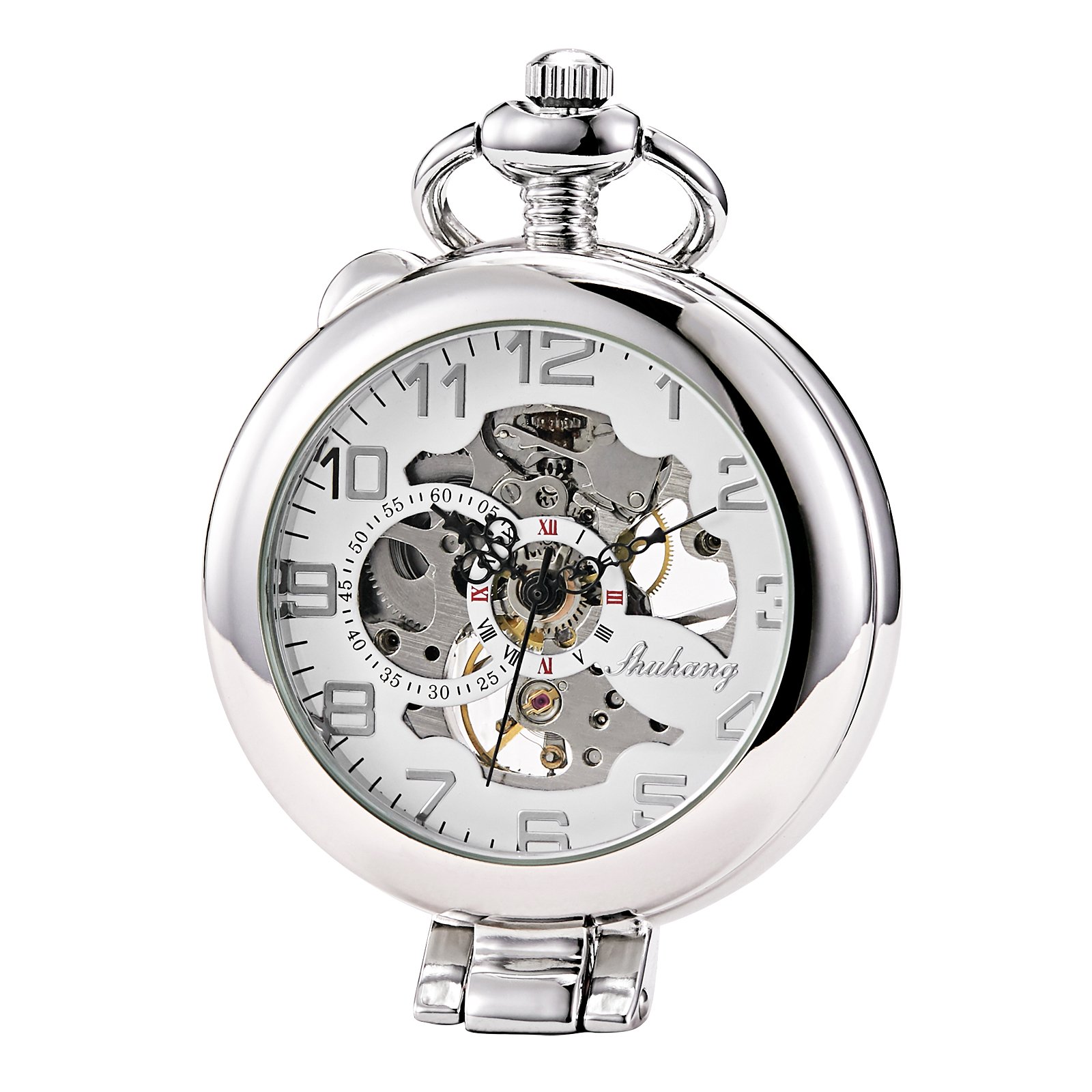 TREEWETO Montre de Poche Mécanique Steampunk pour Homme et Femme, Cadran Squelette Argenté avec Chaîne + Boîte, Argenté, Rétro