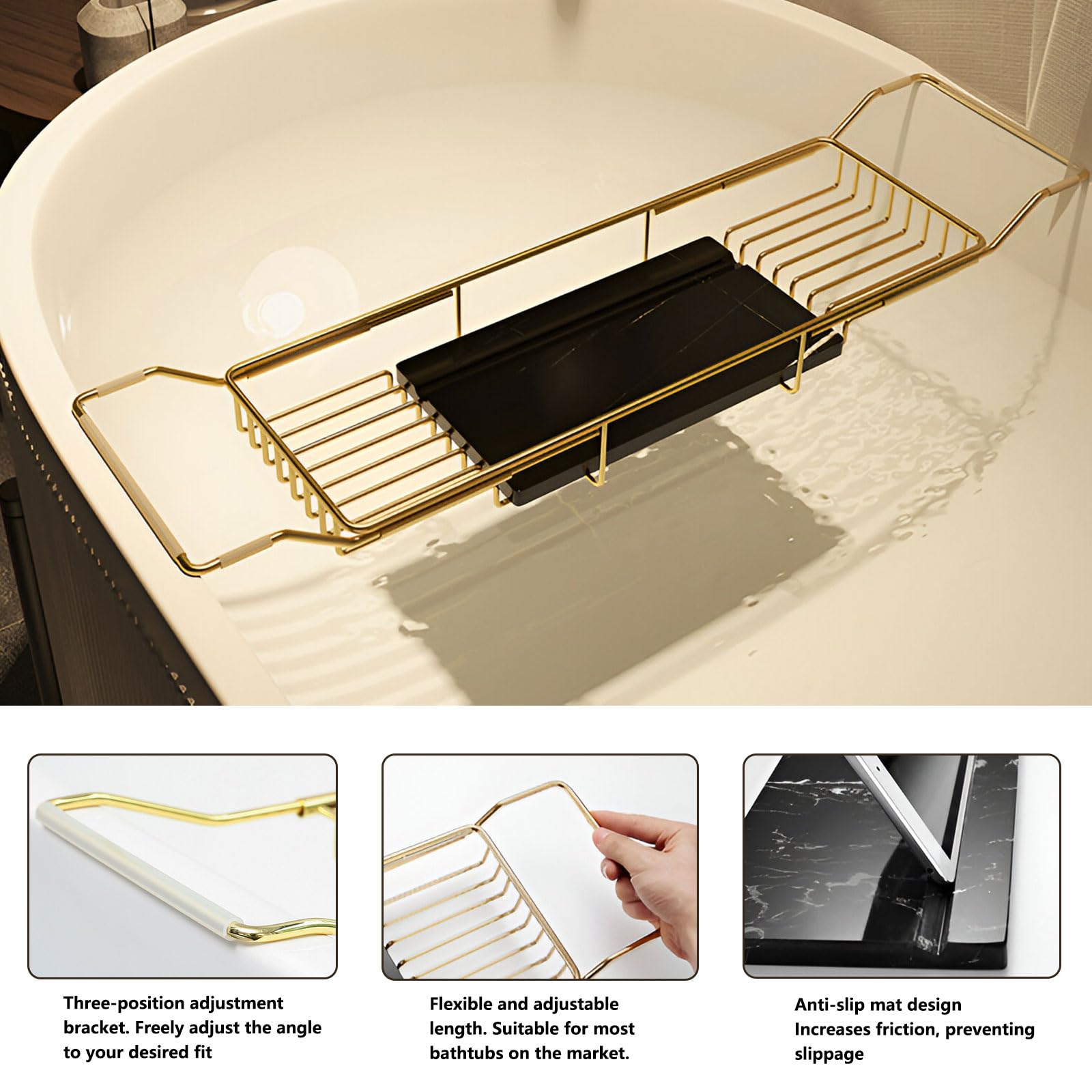 Bandeja de acero inoxidable para bañera, organizador de estante de baño expandible con estante para tablet para el hogar, perfecto para remojos relajantes y lectura manos libres