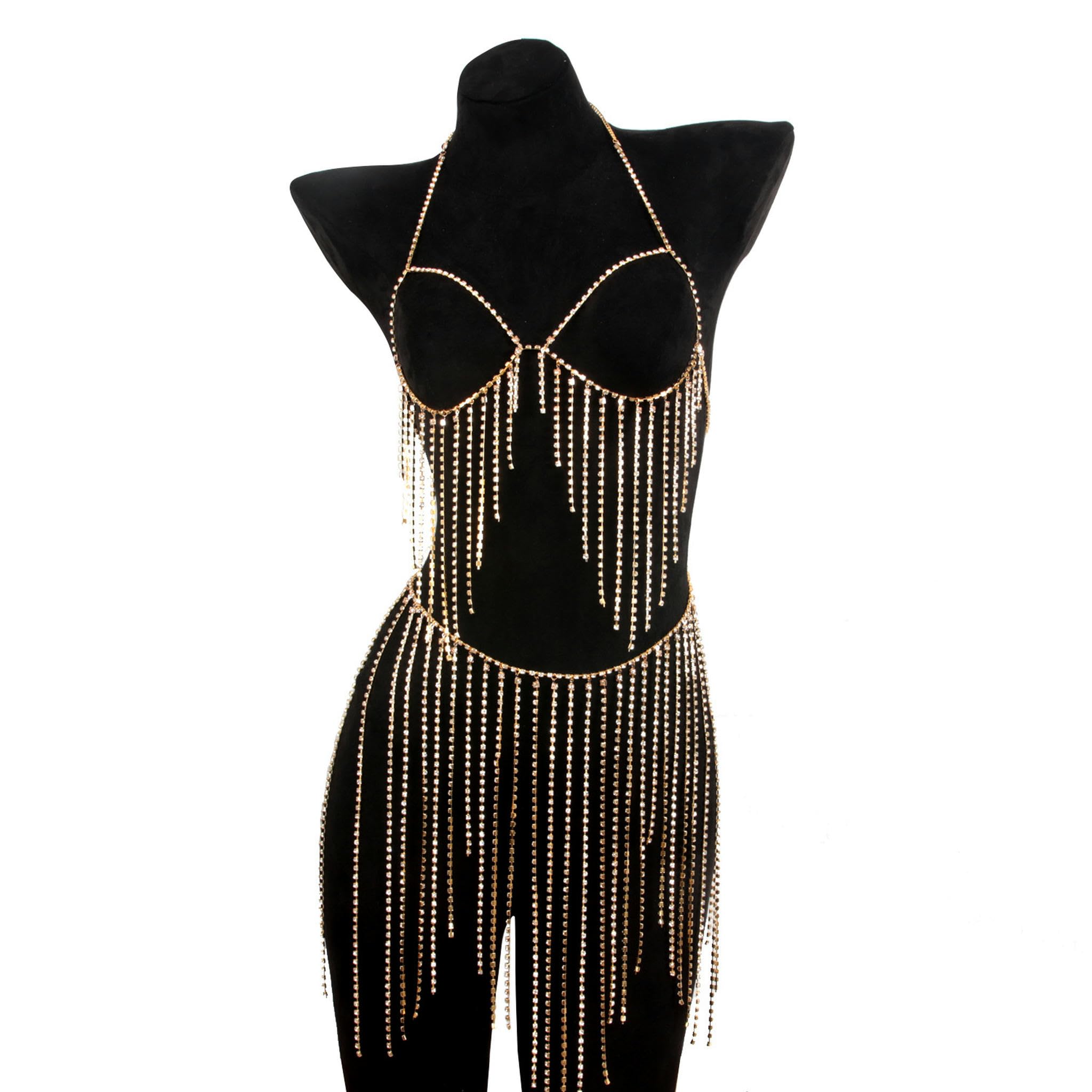 Damen Strass Quaste BH Rock Bauchtanz Body Kette Nachtclub Anzug-Set Gold