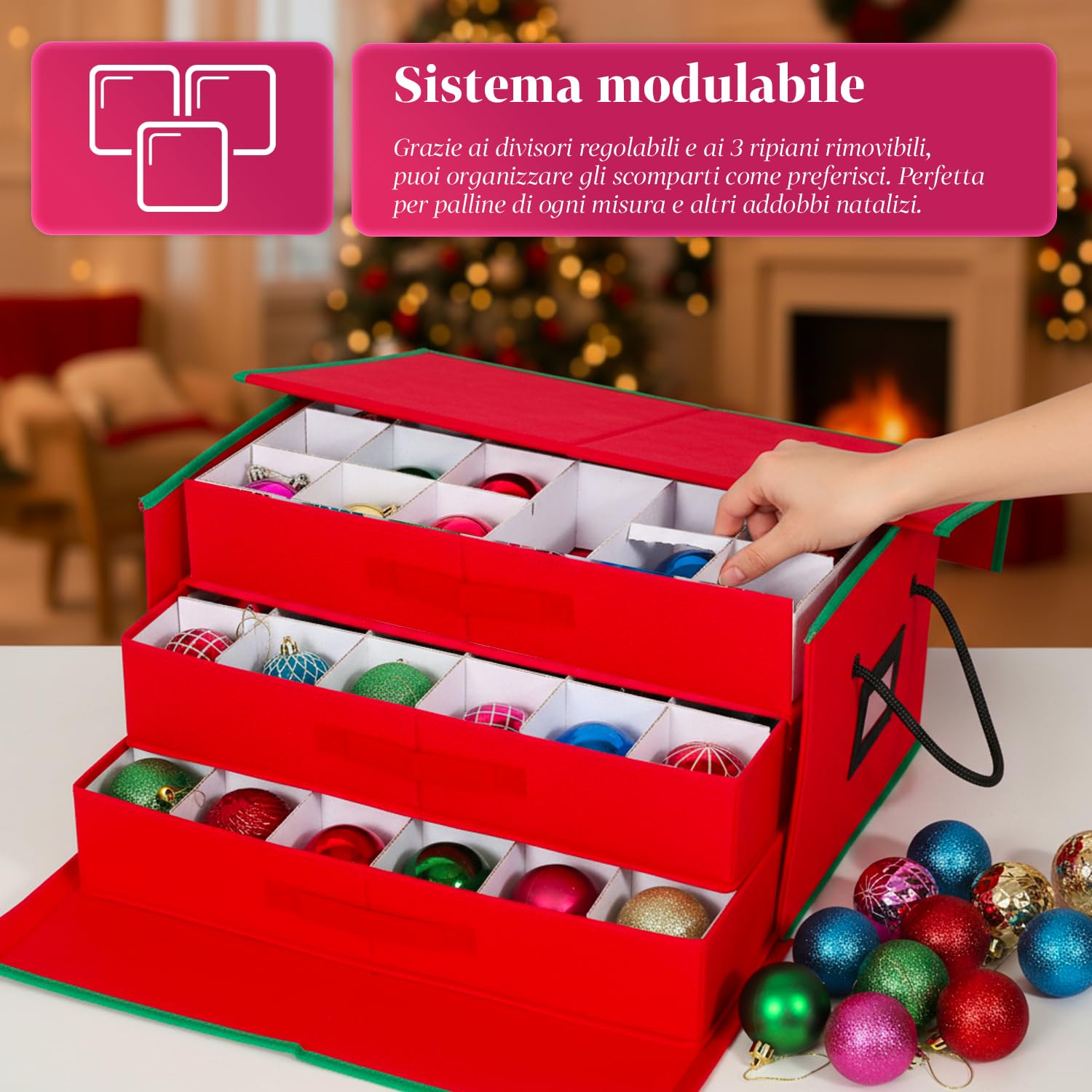 Avilia – Scatola Porta Addobbi di Natale con 3 Cassetti Estraibili per 72 Palline di Natale, Struttura Rigida in TNT 51x35x24 cm, Zip Robusta e Etichetta Trasparente per Conservazione Ordinata