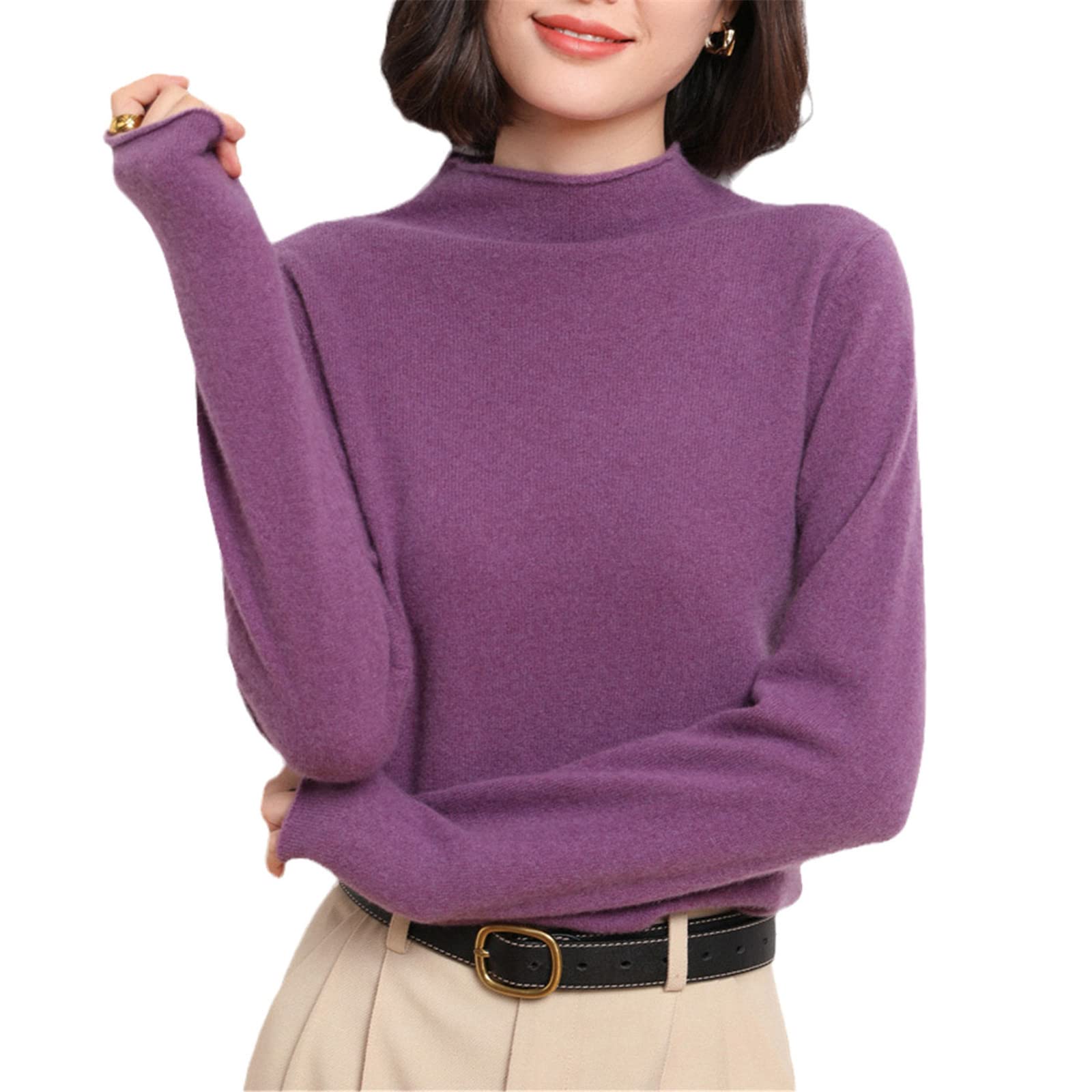 Kelsiop Pull en cachemire pour femme - Col roulé - 100 % laine - Haut tricoté - Grande taille, violet, XL