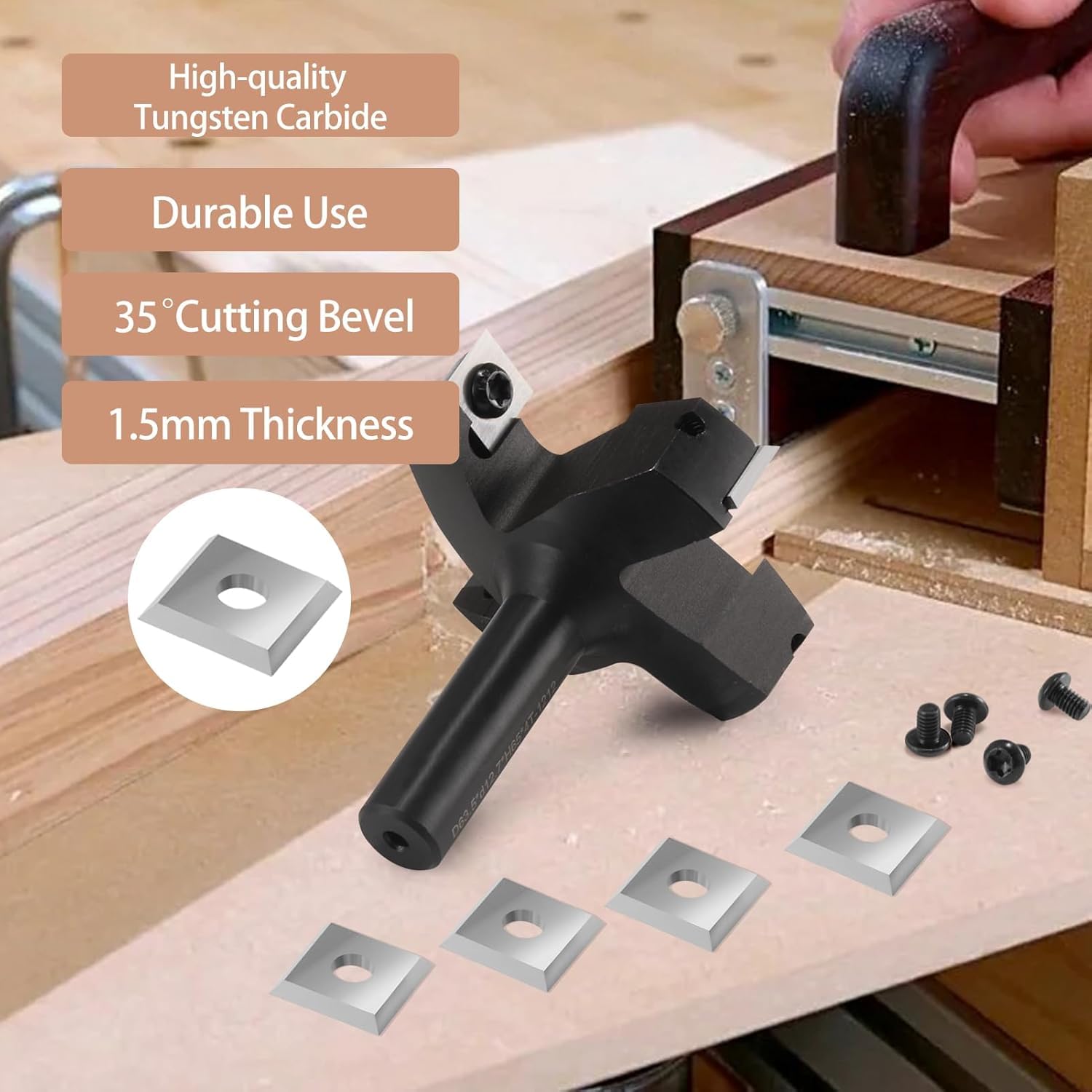 Punta per fresa CNC per superfici con codolo da 1,27 cm, diametro di taglio 5,1 cm, in carburo a 4 ali per appiattimento delle lastre per legno, con 10 inserti indicizzabili (12 x 12 x 1,5