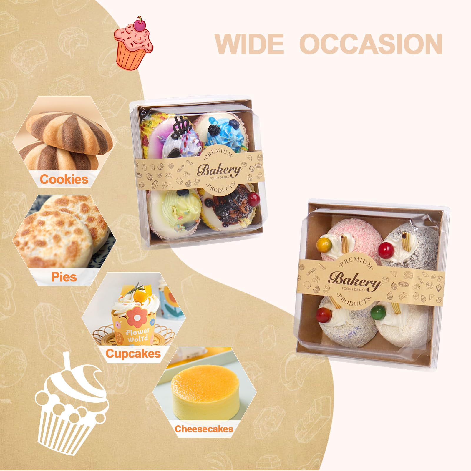 Paquete de 100 cajas de embutidos con tapas transparentes seguras, 5.3 x 4.9 x 2.5 pulgadas, cuadradas, desechables, color marrón, cajas de sándwich para galletas, fresas, pastelería, postres