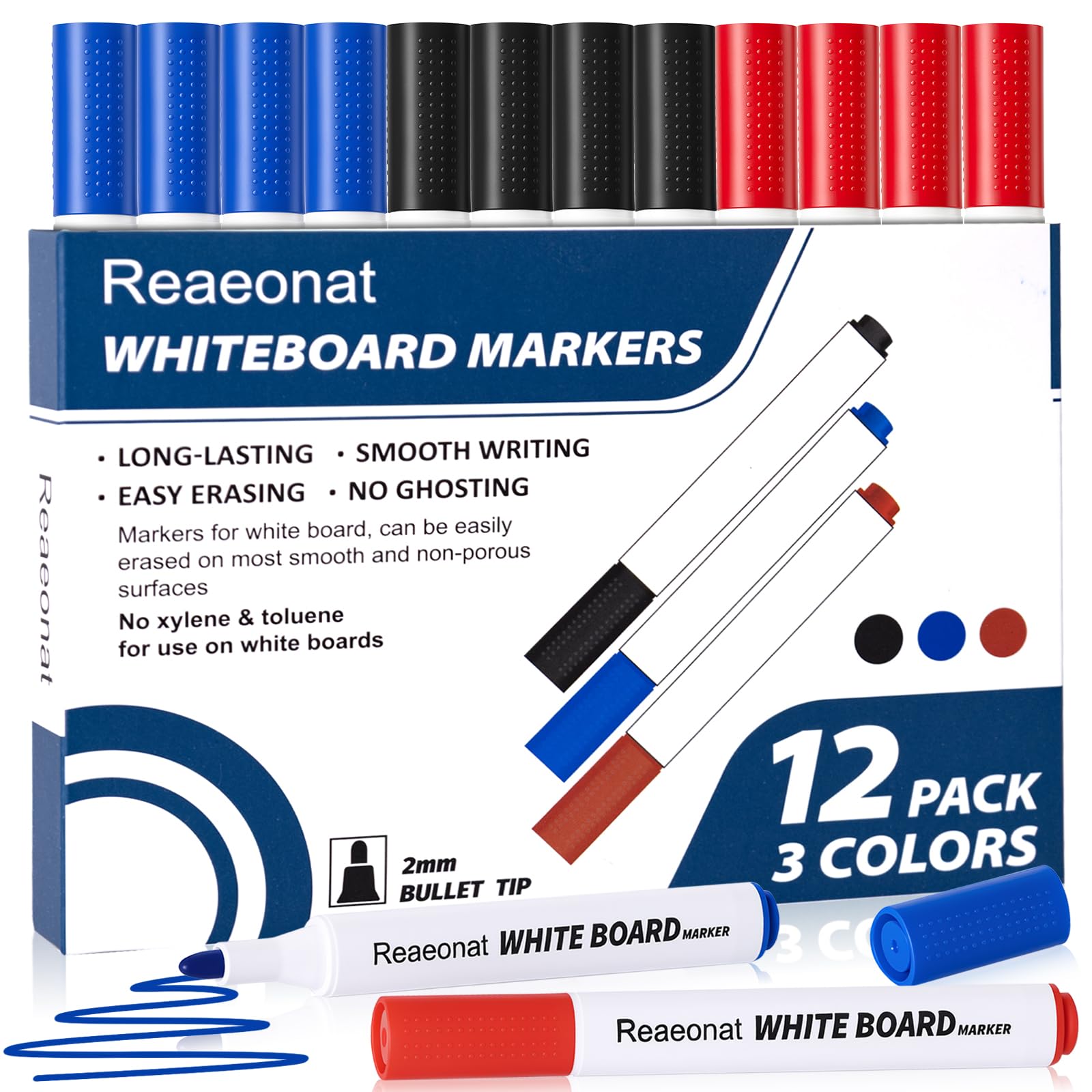Reaeonat Whiteboard Pens, 12pcs Whiteboard Markers 3 Assorted Colours Black Blue Red Dry Erase Pens for Office, Home, Bullet Tip Dry Wipe Pens