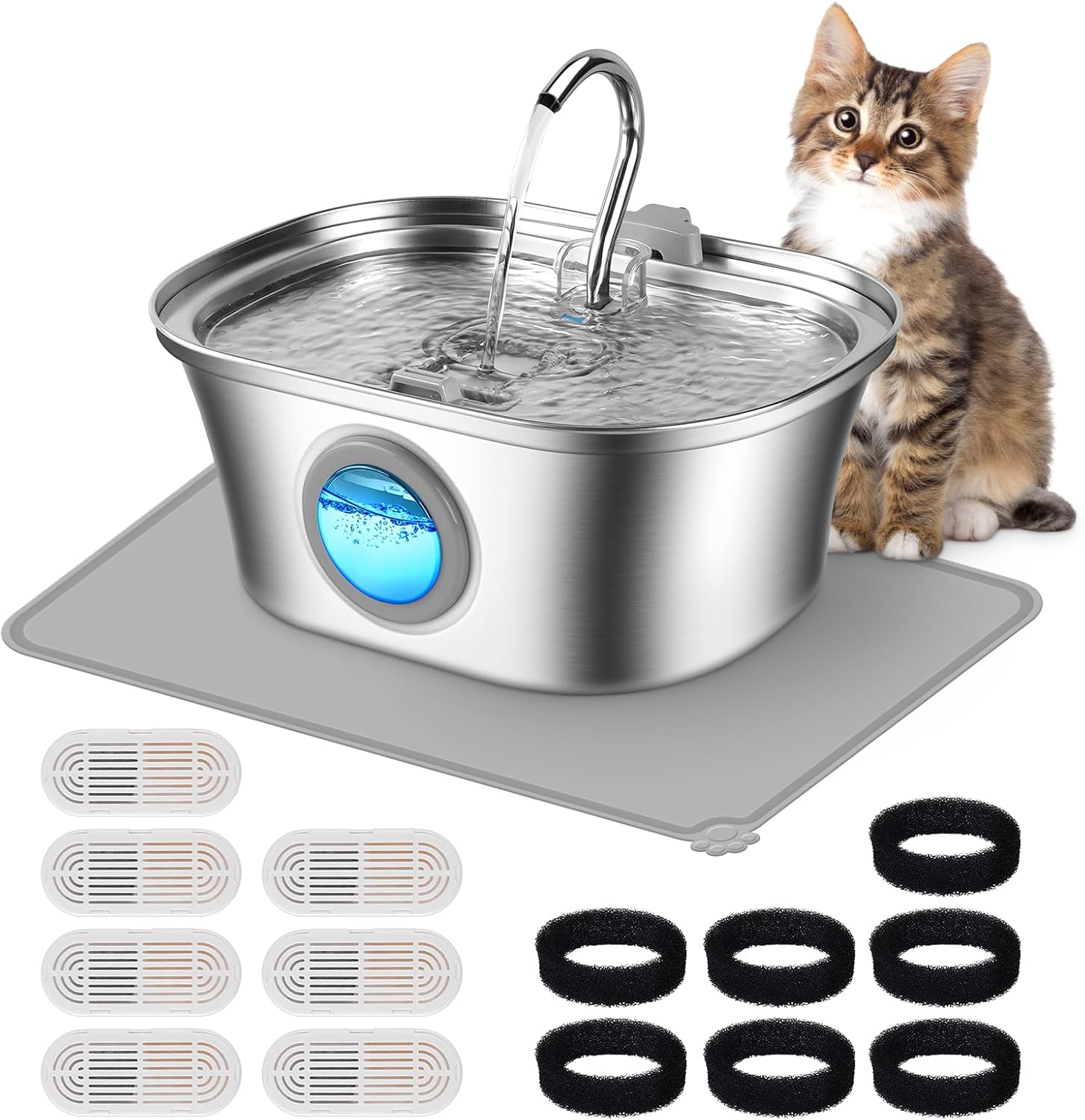 Cat Water Fountain with Water Level Window, 7 Set of Filters, 108oz/3.2L Pet Water Fountain for Cats/Dogs Inside, 304 Stainless Steel, Dishwasher Safe with Low Noise Pump, Filtration System