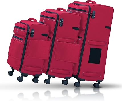TACH LITE Samba Softside 3 Piece Luggage Set 20/24/28 Inch | Connectable Suitcases with Spinner Wheels | Lightweight Travel Suitcase with Wheels Carry On & Checked Bags | Soft Sided Luggage Set Red