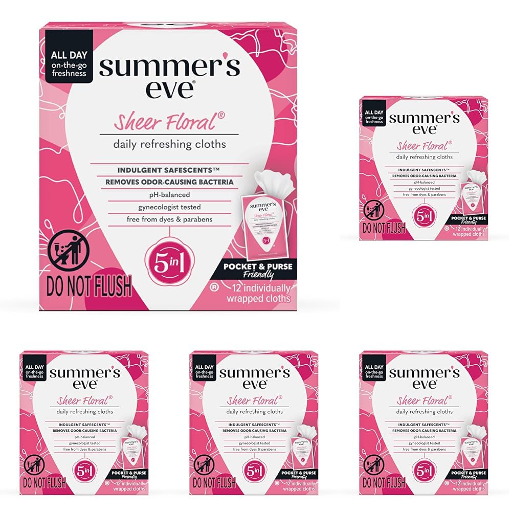 Summer's Eve Sheer Floral Daily Refreshing Feminine Wipes, Removes Odor, pH Balanced, 12 Count, 5 Pack