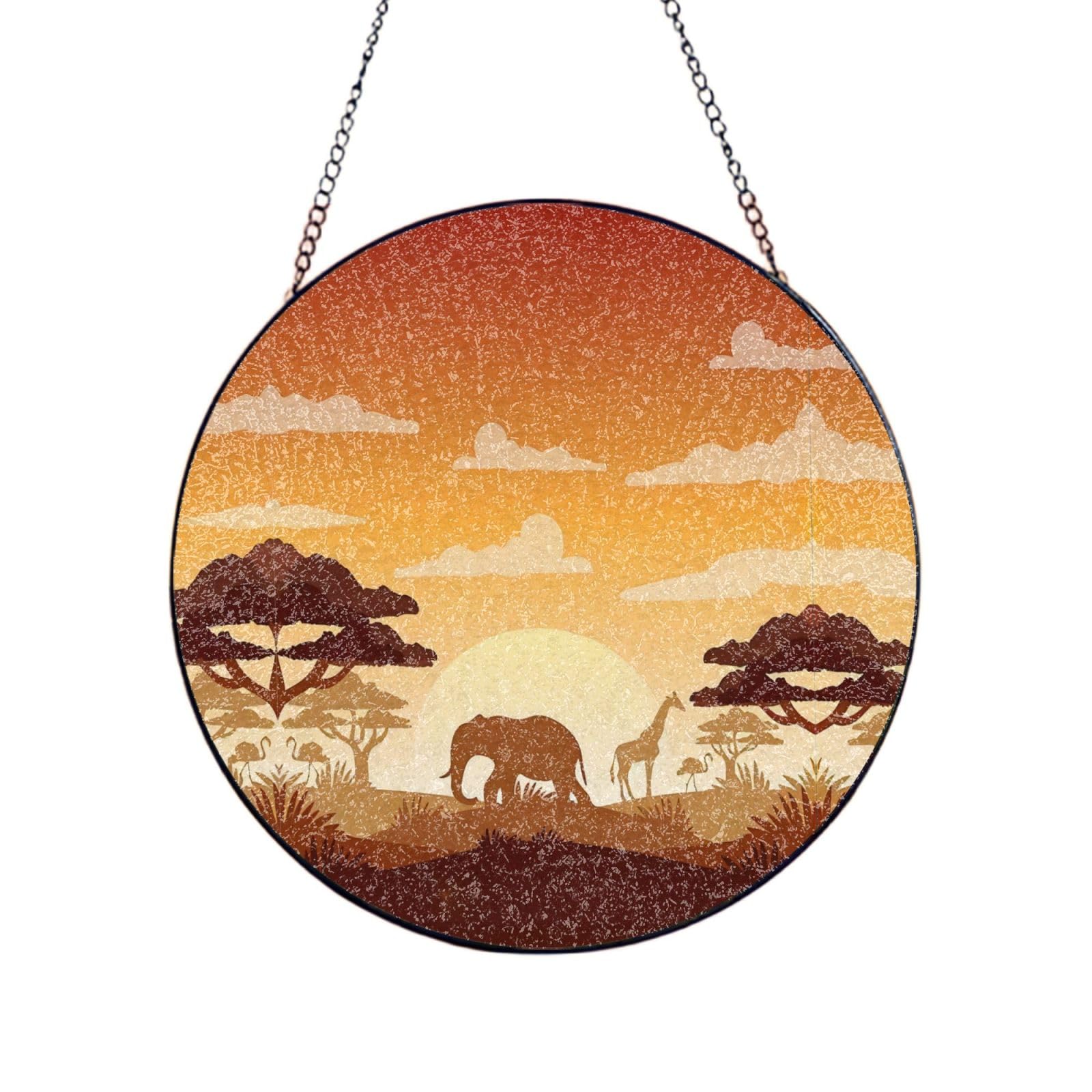 Phayah Elephant And Giraffe In The Sunset Print Glass Window Hanging Round Suncatcher Glass Ornament Garden Wall Fence Decorations Indoor Outdoor 6in（15cm）