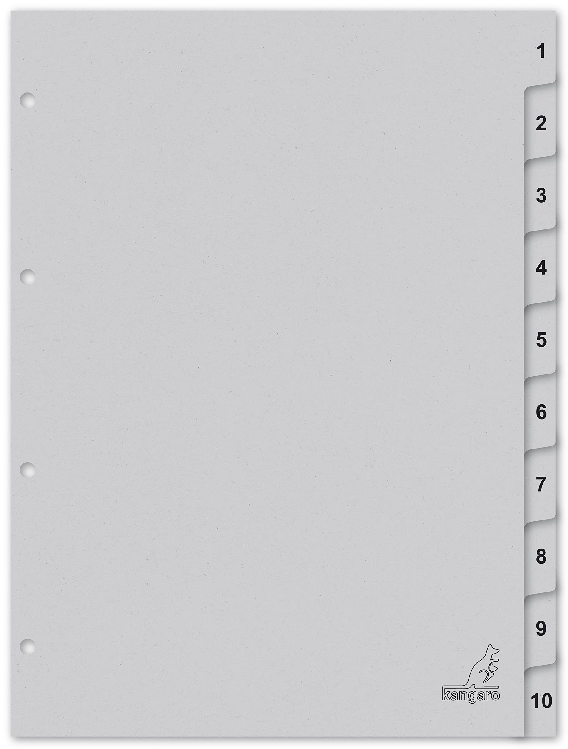Kangaro Card Index A4 Numbers 1-10. 180 g/m² Recycled Grey FSC Cardboard, Pack of 10