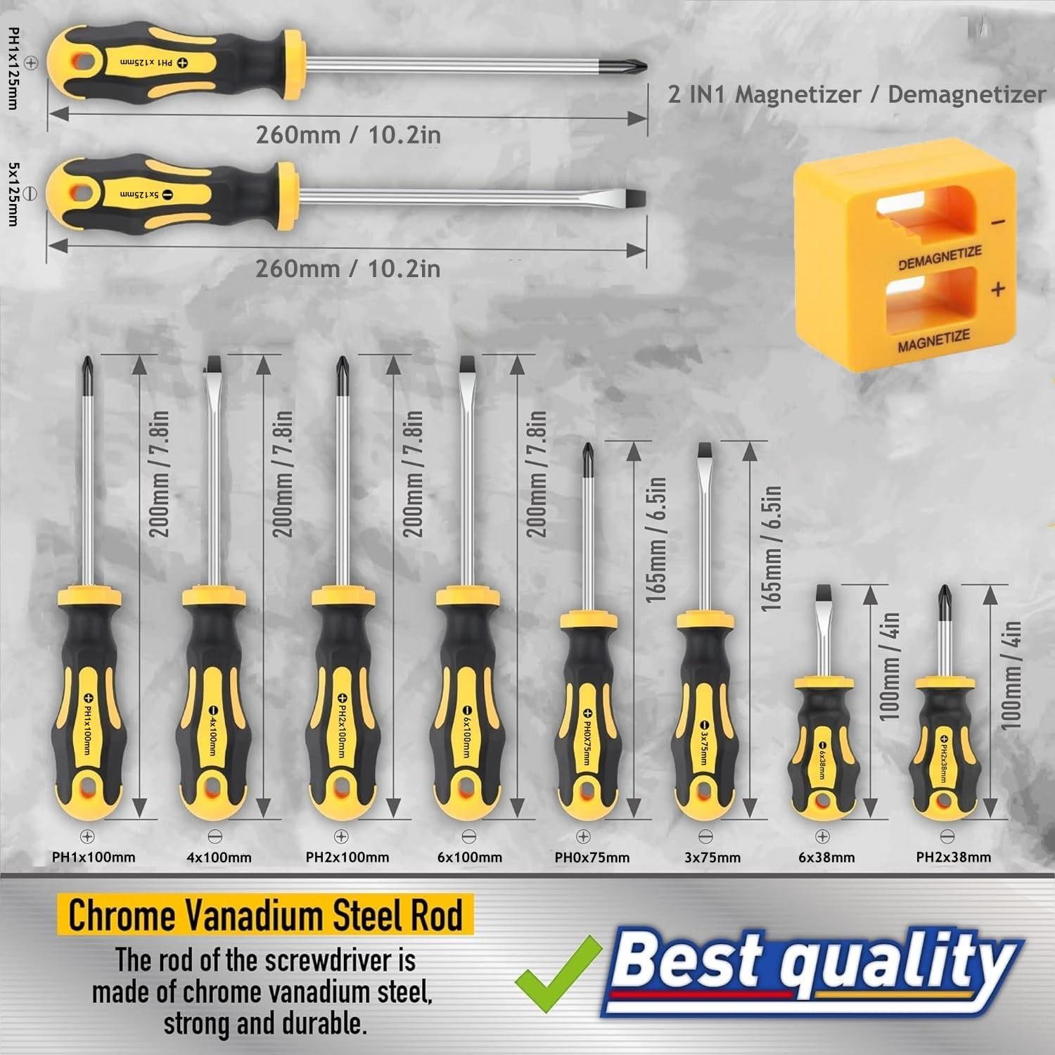 KAHEIGN 11Pcs Magnetic Screwdriver Set, 5 Size Heavy Duty Chrome Vanadium Steel Screwdriver 5 Flat & 5 Cross Head Screwdriver with Non-Slip Grip for Repair Home Improvement Craft - with Tool Box — view 4