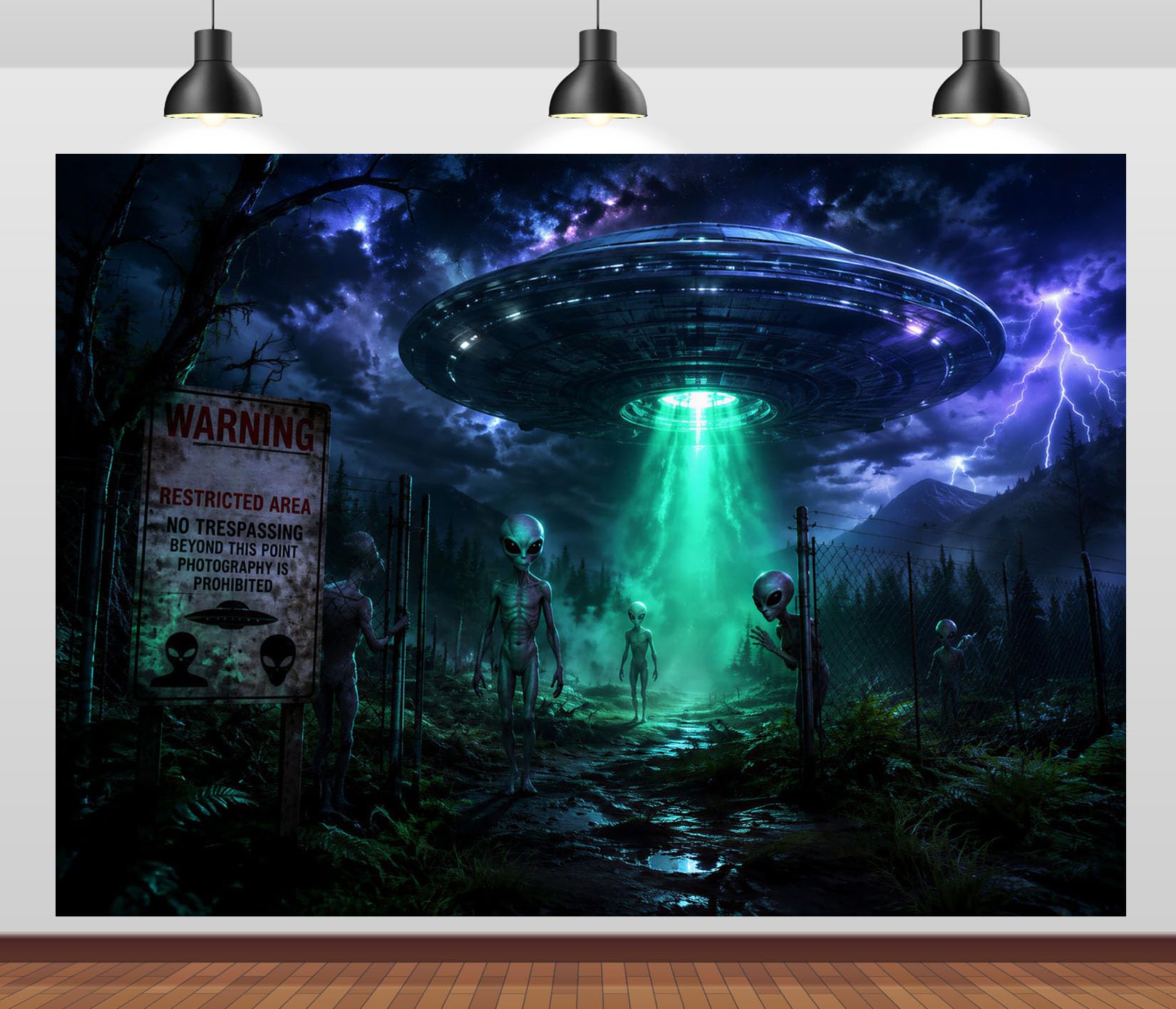 10x10FT Stoff Alien Landung Wald mit Blitzen Foto Hintergrund