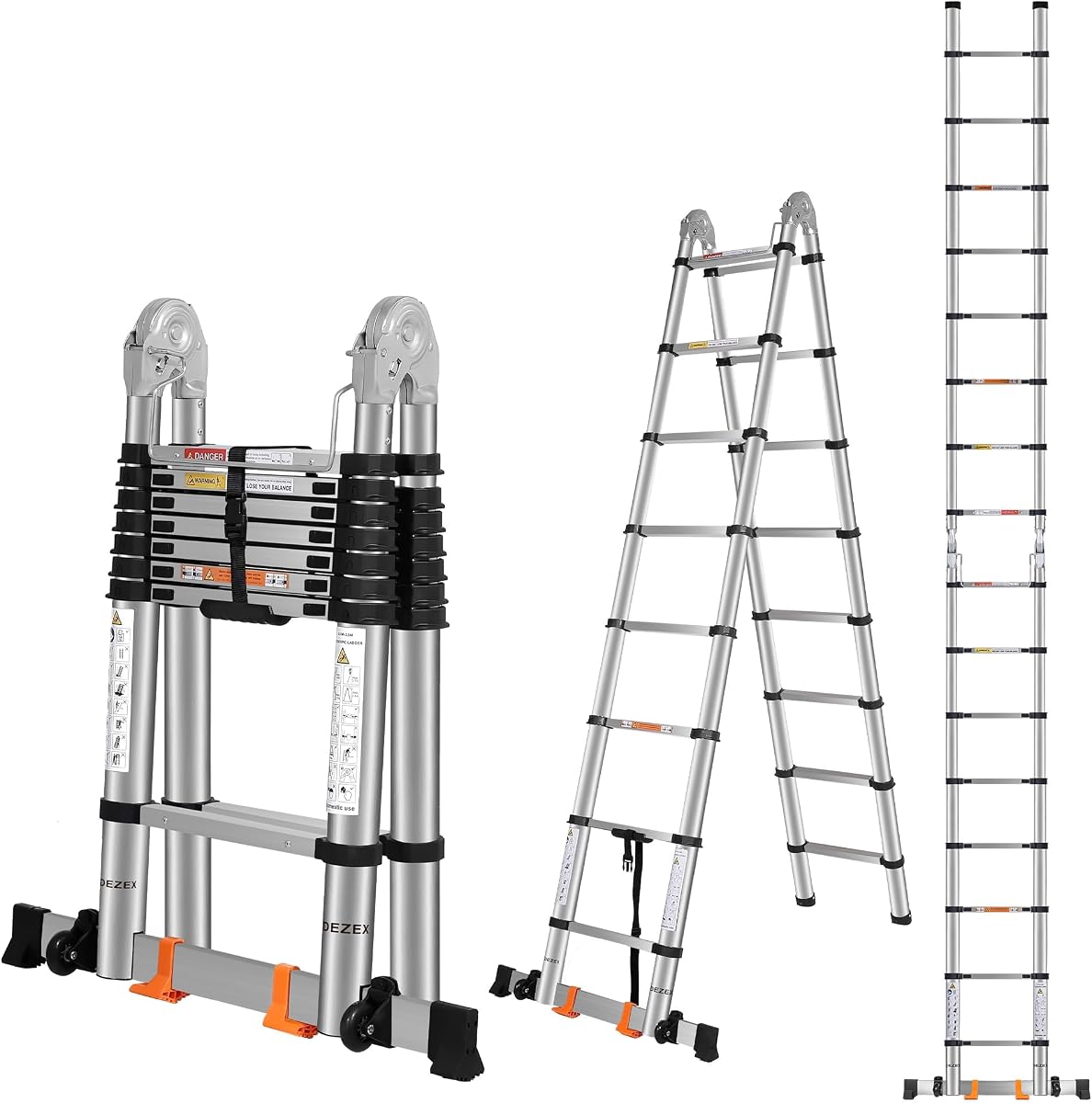 Escaleras telescópicas Escalera de marco A de 16.5 pies, escalera de extensión plegable ajustable, con barra de equilibrio antideslizante y rueda, escalera plegable multiusos para el hogar, trabajo al aire libre, capacidad de 330 libras