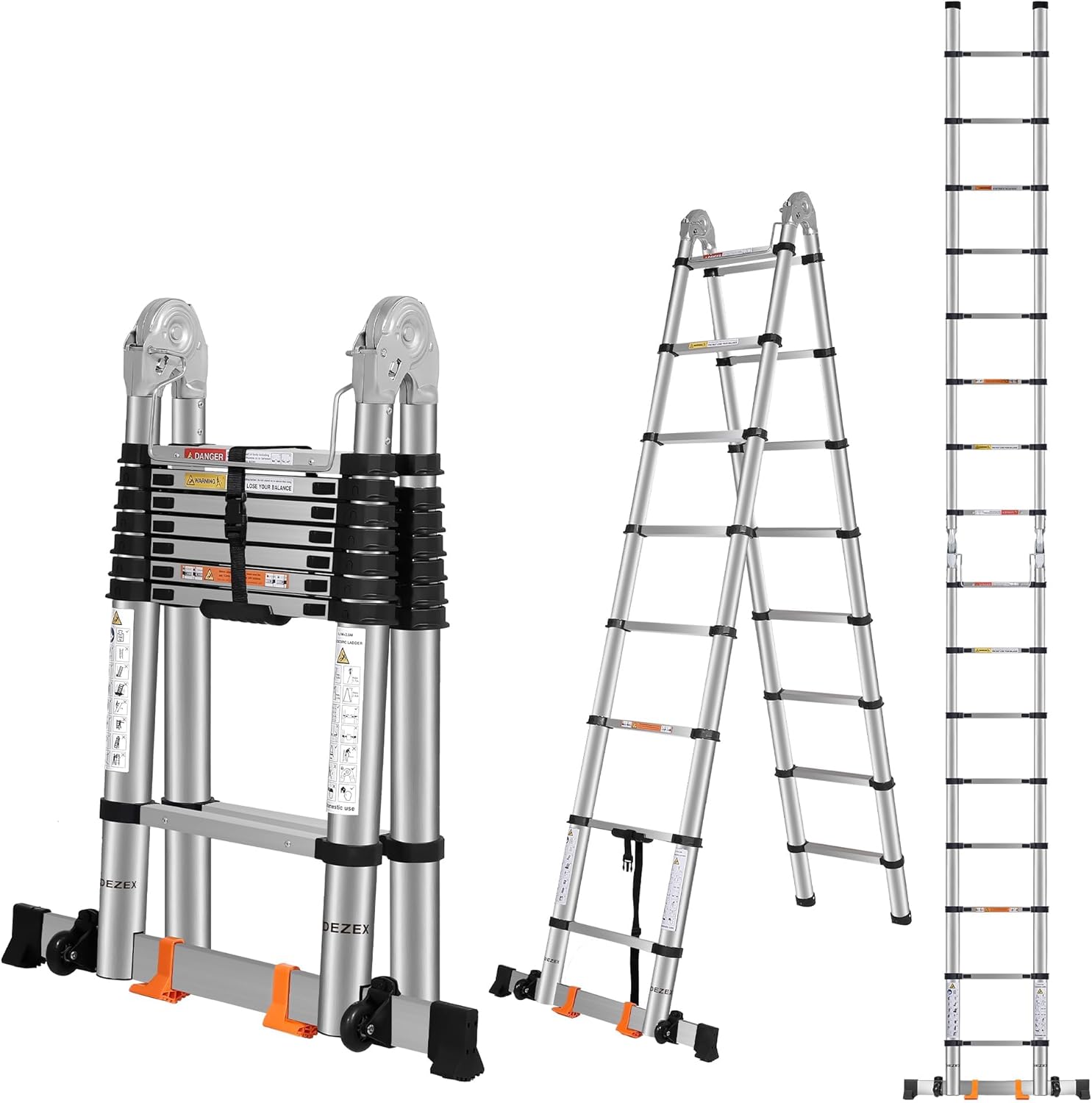 Telescoping Ladders 16.5FT A Frame Stainless Steel Folding Extension Ladder, with Anti-Slip Balance Bar & Movable Wheel, Multi Position Collapsible Ladder for Outdoor Indoor, 330lbs Max Capacity