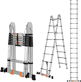 DEZEX Telescoping Ladder, 16.5FT A Frame Ladder, Stainless Steel Heavy Duty | Collapsible Ladder with Anti-Slip Feet, A-Frame & Straight Ladder, Multi-purpose & Portable Ladders for Home, 330LBS Capacity