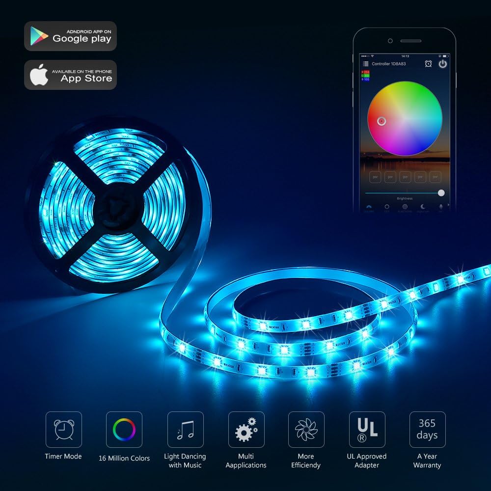 Nexlux LED Light Strip schedule feature showing automatic turn on and off times.