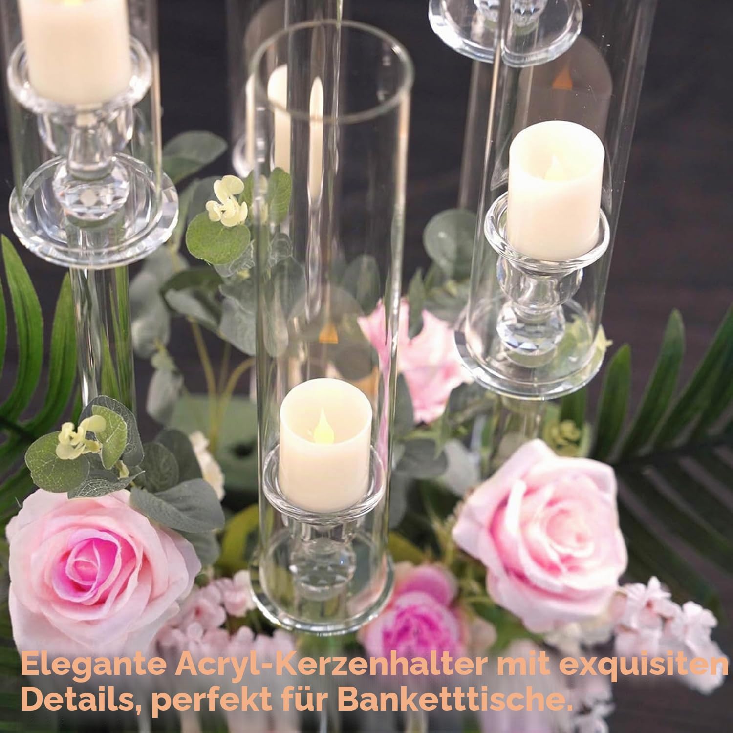 4X MSDADA Großer 5-Armiger Kerzenleuchter aus Acryl 68 cm, Hohe Klare Kerzenständer für Wohnzimmer Hochzeit Weihnachten Festliche Deko, Kompatibel mit 2 cm LED Stabkerzen