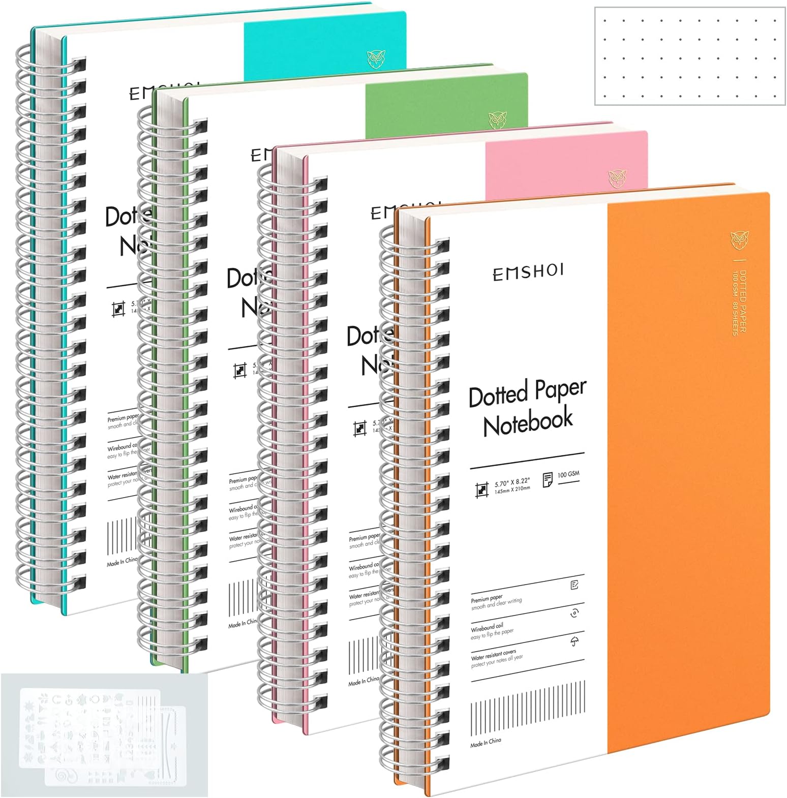 EMSHOI Dotted Journal Spiral Notebook, 4 Pack 5.7" x 8.22" A5 Small Dot Grid Notebook, 640 Pages 100gsm Thick Bullet Notebook with Sticky Notes, Plastic Hardcover, Orange, Green, Pink, LightBlue
