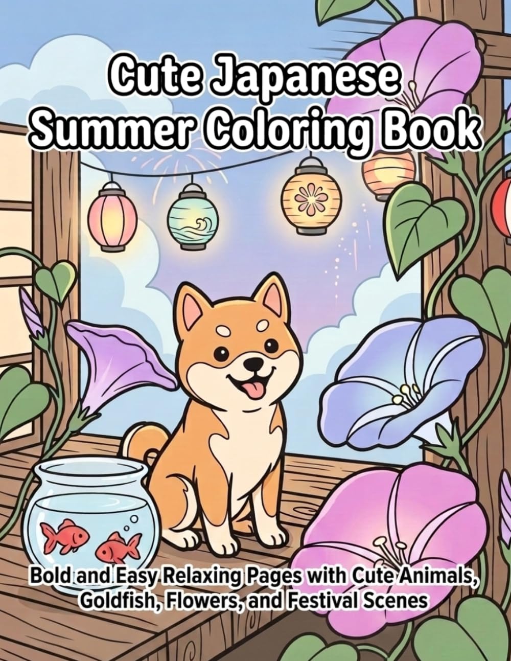 Cute Japanese Summer Coloring Book: Bold and Easy Relaxing Pages with Cute Animals, Goldfish, Flowers, and Festival Scenes