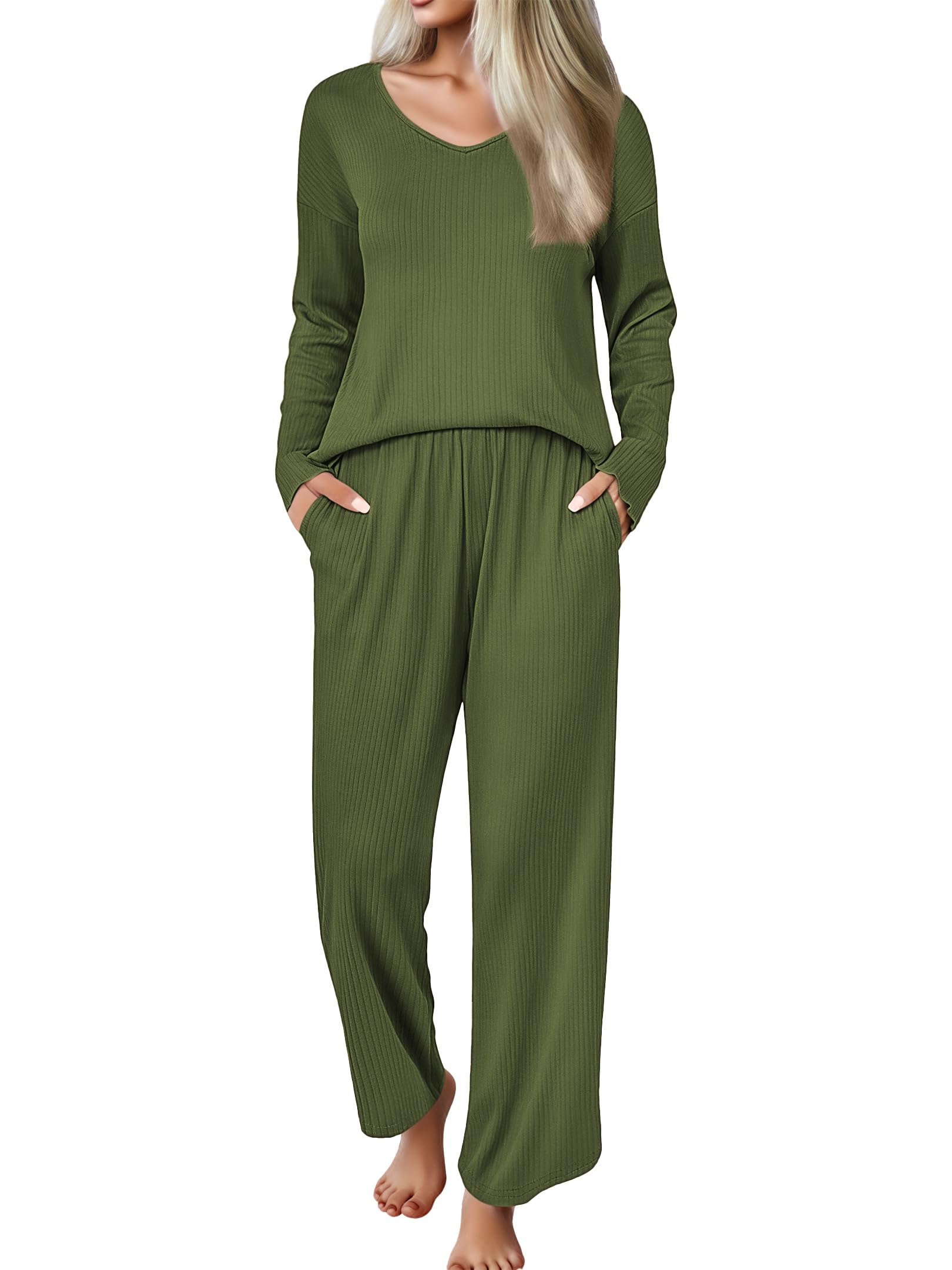 Ekouaer Womens Pajama Set Ribbed Knit PJs Comfy Long Sleeve Top and Pants