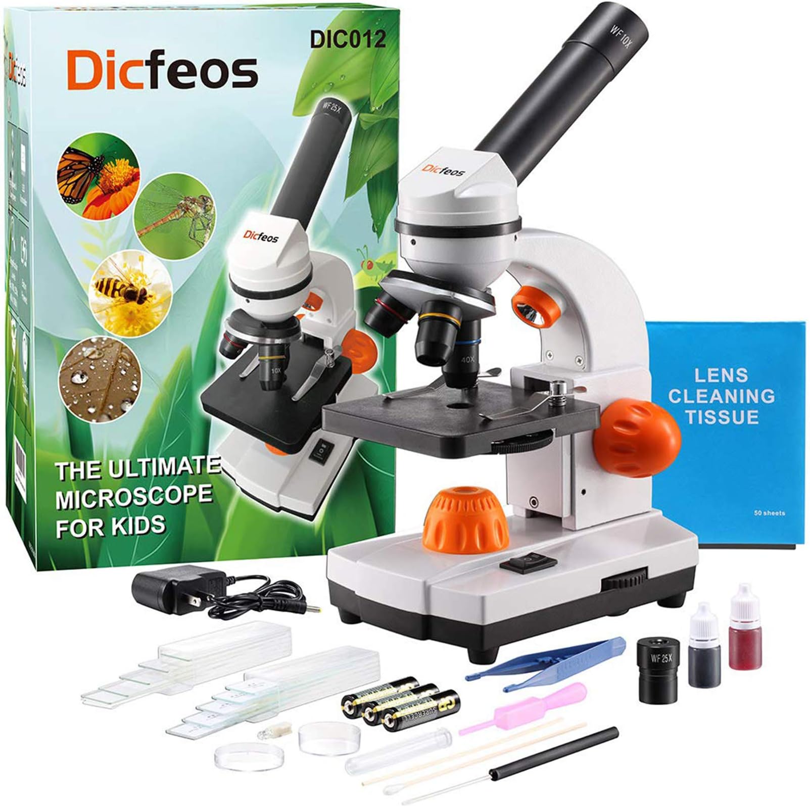 Dicfeos Microscope for Kids and Student, 40X-100X-250X-400X-1000X Magnification, Optics Glass Lens, Dual-Light Illumination, Extra 25X Ocular Lens and Microscope Accessories