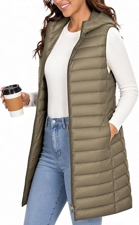 ELFJOY Long Puffer Vest Women Sleeveless Down Vest with Hood