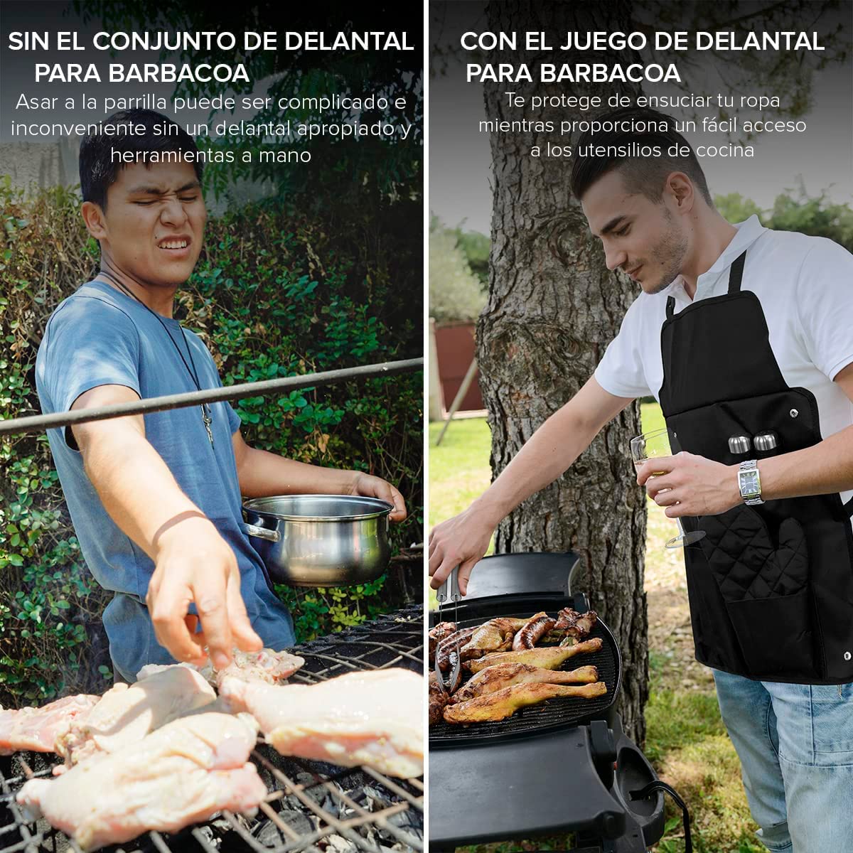 Set Barbacoa con Utensilios, Delantal y Manoplas, Regalos Original para Hombres y Mujeres, Pinza, Paleta y Tenedor en Acero INOX y Madera Ideal para los amnates de Las barbacoas y parrilladas.