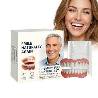 Premium Full Denture Set,Silicone Denture Reline Kit,Soft Silicone Denture Liners,Sil/icone Dentures Teeth Top and Bottom,Comfortable False Teeth,Denture Repair Kit for Adults,Material Safety