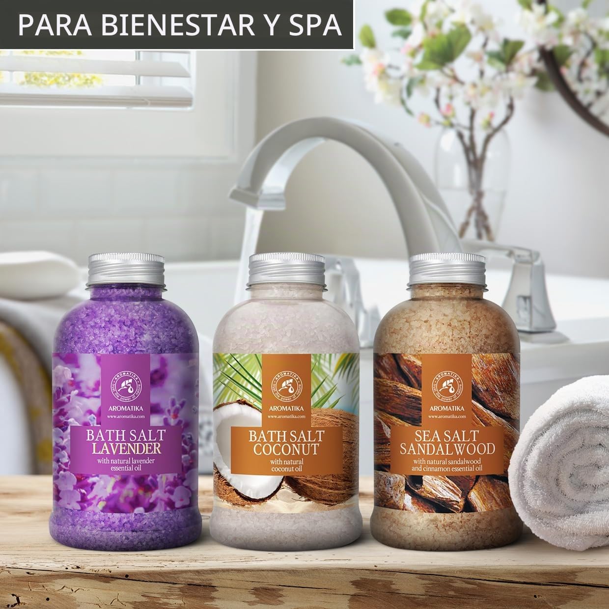 Sales Marinas de Baño Set Lavanda & Coco & Sándalo 3х600g - Sal Marina con Aceite esencial de Lavanda - con Aceite de Coco Natural - Aceite de Sándalo y Canela - Cuidado del Cuerpo - Aromaterapia
