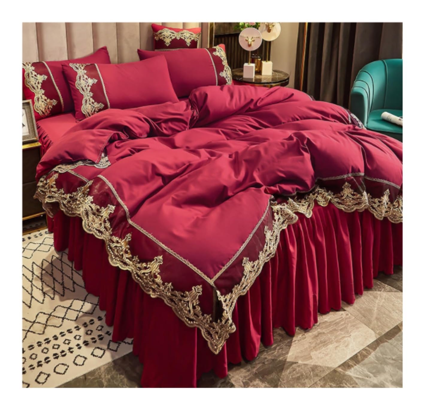 Parure de lit 4 pièces avec housse de couette Queen Size rouge moderne 1,5x2 m