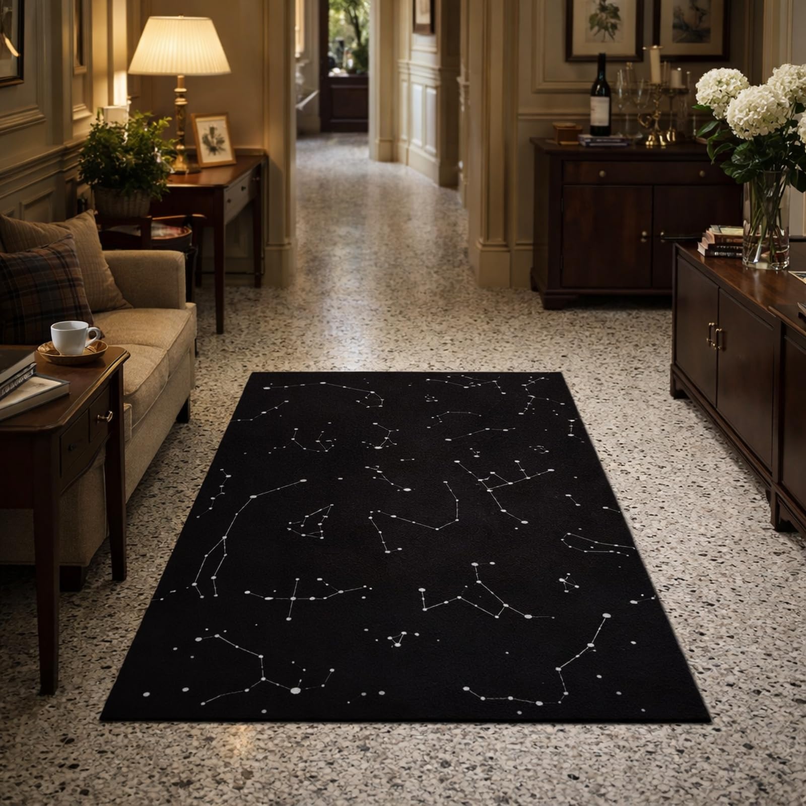 Tapis de salon lavable 120x180cm tapis de chambre géométrique noir