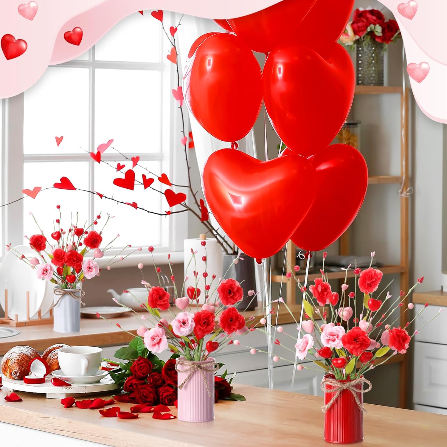 Zeyune 3 Sets Rose Berry Table Centerpiece, 6 Artificial Rose Berry Stems Picks with Metal Vase Pot, Fake Flower Arrangement for Wedding Reception, Anniversary Dinner, Mantel & Entryway Decor