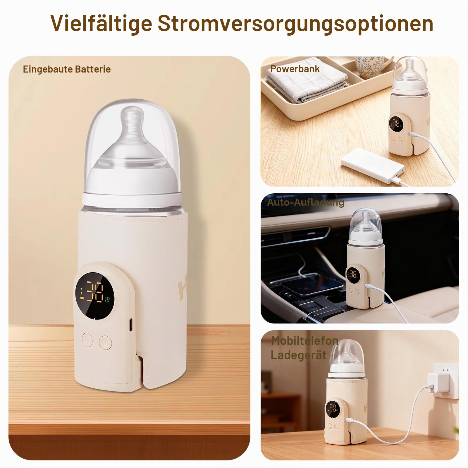 Flaschenwärmer Baby, Tragbarer Flaschenwärmer Akku mit LCD-Display, USB-Aufladung, 6 Einstellbare Temperaturstufen (38-50°C), Schneller Heizung, Unterwegs Babyflaschenwärmer für Unterwegs und Zuhause