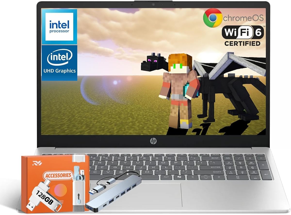 HP Chromebook 2025 Laptop, 15.6" HD Anti-Glare Display, Intel Quad-Core N200 Processor, 8 GB RAM, 320 GB Storage (64 GB eMMC+256 GB MSD), Wi-Fi 6, Long Battery Life, Chrome OS, Bluetooth,w/Accessories : Electronics