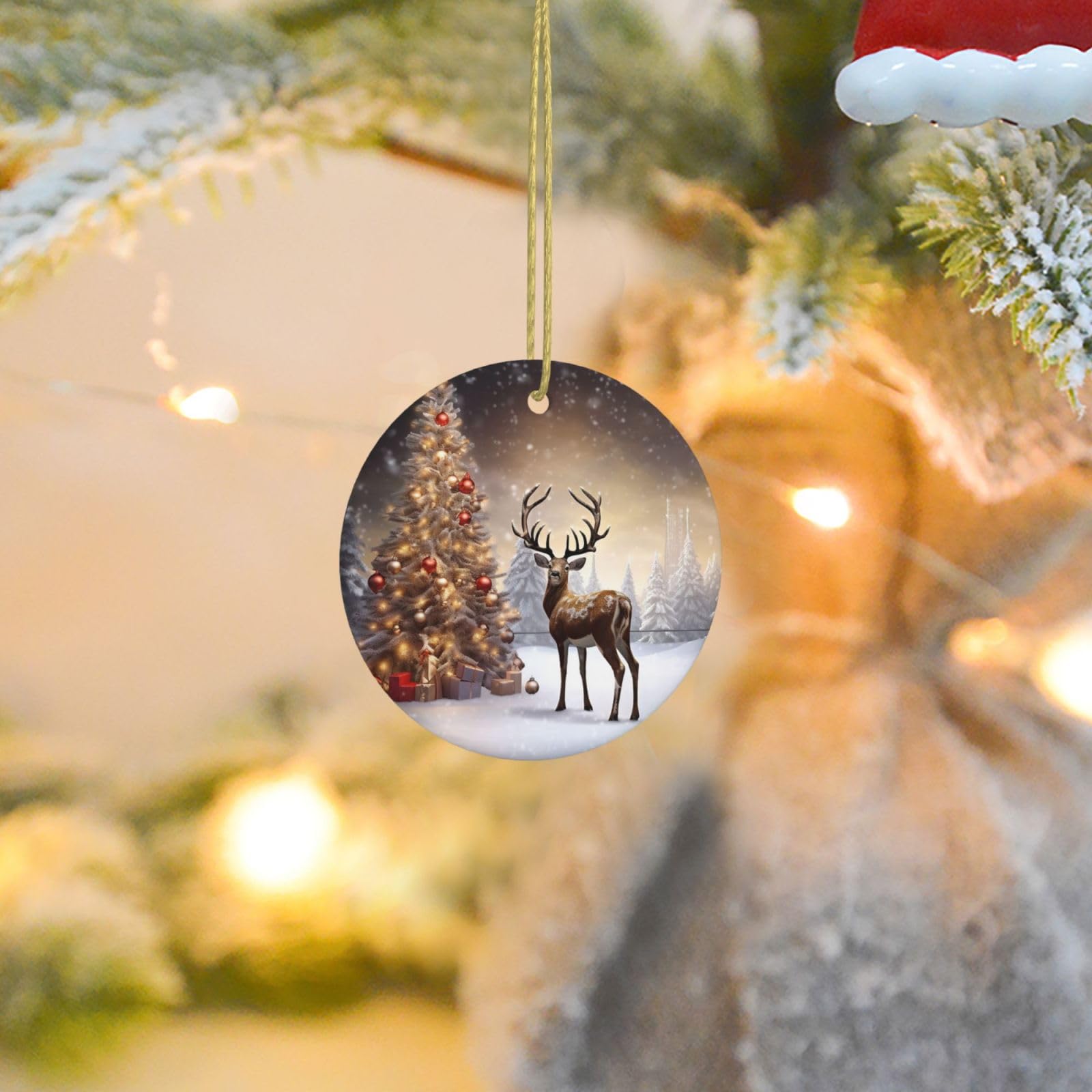 Christmas Ornaments for Christmas Tree Decoration Ceramic Hanging Christmas Tree and Reindeer Ornament with Gold Ribbon Crafts Round Pendant for Keepsake Gifts Glass Xmas Decor Party Supplies