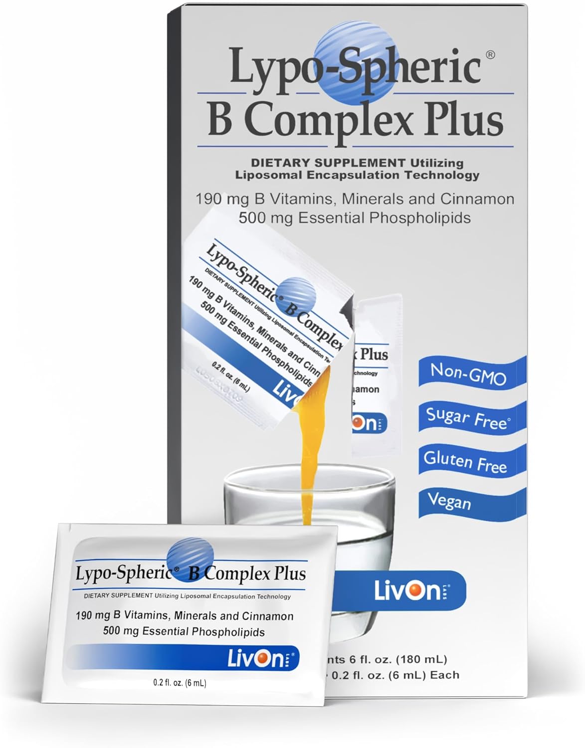 LivOn Laboratories Lypo–Spheric B Complex Plus – 30 Packets – 195 mg B Vitamins, Minerals & Cinnamon Per Packet – Liposome Encapsulated for Improved Absorption – 100% Non–GMO