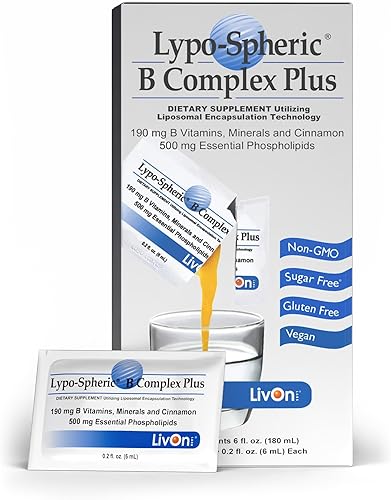 LivOn Laboratories Lypo-Spheric B Complex Plus - 190 mg de vitaminas B, minerales y canela por paquete, liposoma encapsulado para una máxima