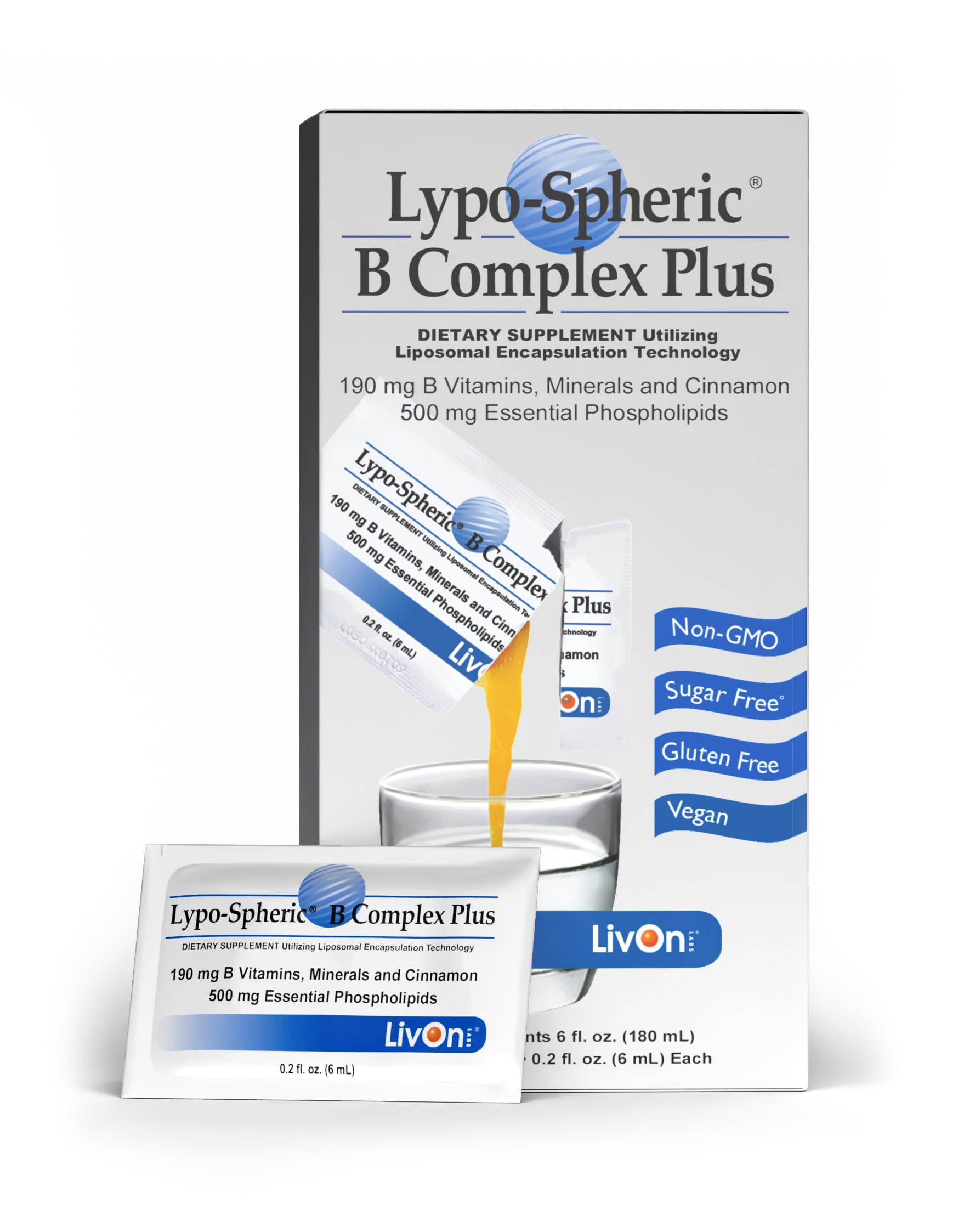 Lypo-Spheric Lypo Spheric B Complex Plus 194 Mg B Vitamins Minerals & Cinnamon Per Packet Liposome Encapsulated For Improved Absorption 100% Non Gmo 30 packets