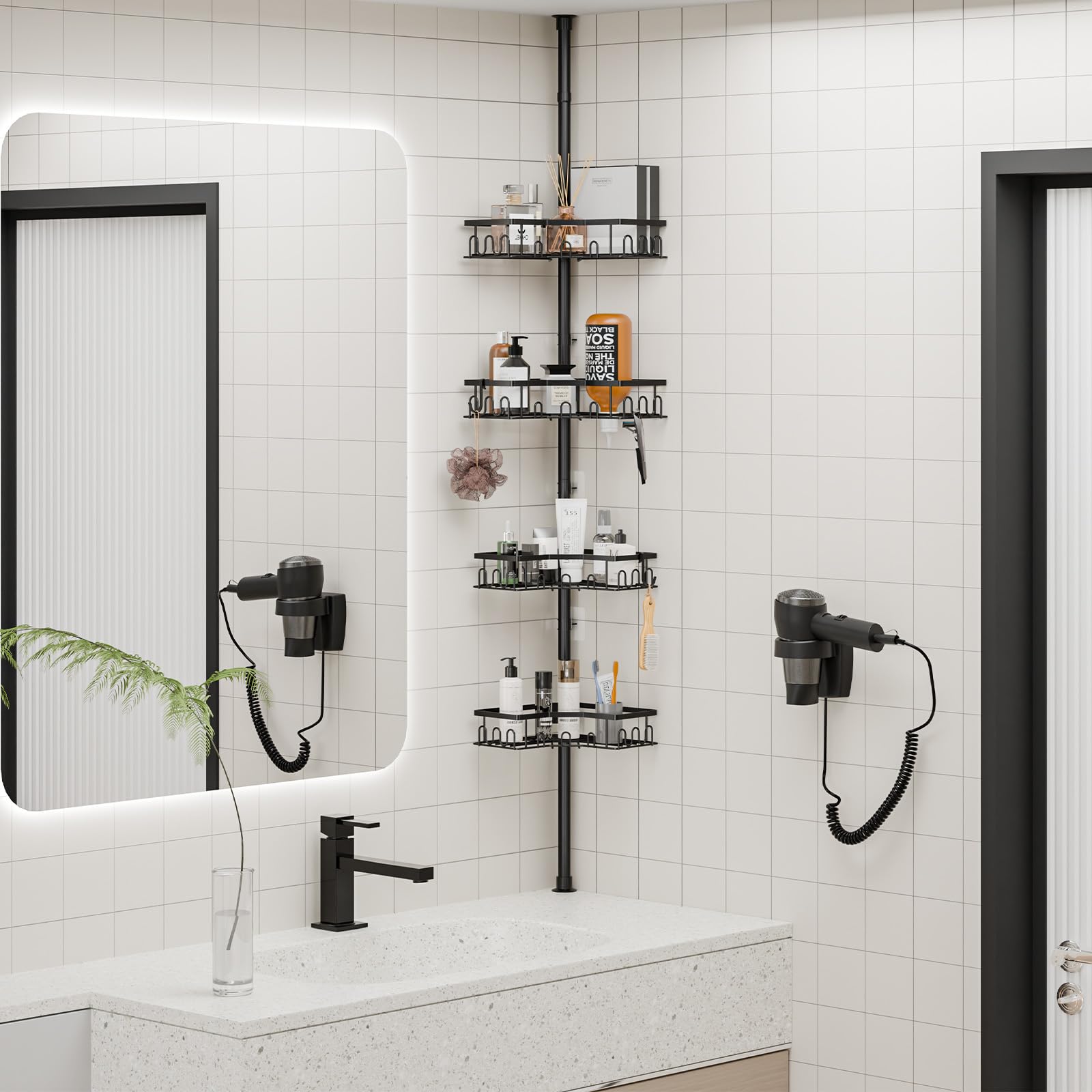 Telescópica Estantería Ducha - Altura Ajustable 86-298 CM, Estanteria baño Sin Taladro, Esquina Estante Ducha, Estanteria Ducha Telescopica con 4 Cestas para Bañera y Baño，Negro | Altura ajustable, 86-298 cm, 4 estantes, estante de ducha organizador
