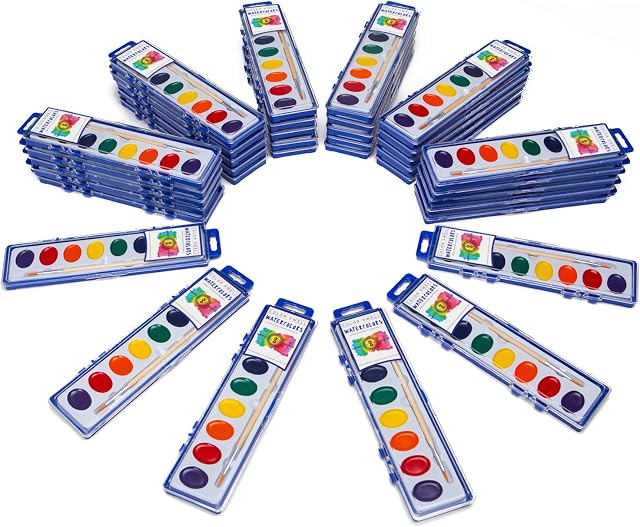 36 Sets of Watercolour Paint Packs with Wood Brushes in 8 Washable Colours