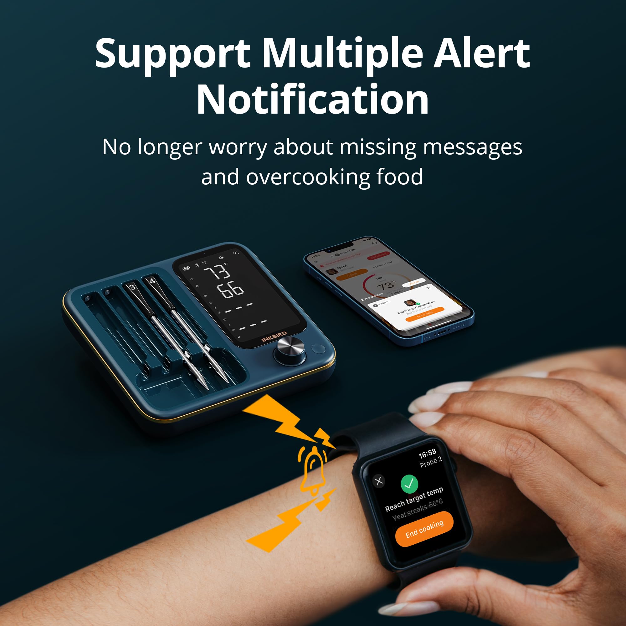 Inkbird INT-14S-BW - Termometro da carne senza fili, WiFi 5G e Bluetooth 5.4, con 4 sonde multisensore, certificato NIST, monitoraggio Apple Watch, per barbecue, forno, affumicatore