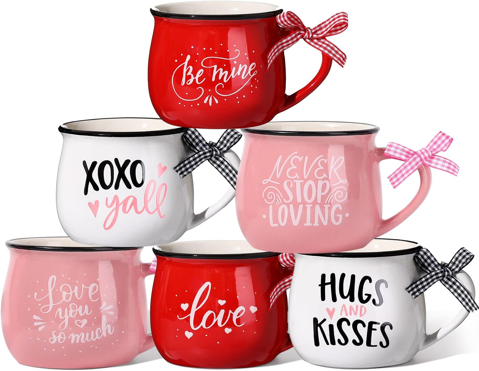 Zubebe 6 Pieces Valentine's Day Mugs 12 oz Coffee Ceramic Mug with Ribbon Red Pink Love Words Cup Sweet Heart Coffee Cup Tiered Tray Decor for Anniversary Wedding Table Centerpieces(Red to Blush)