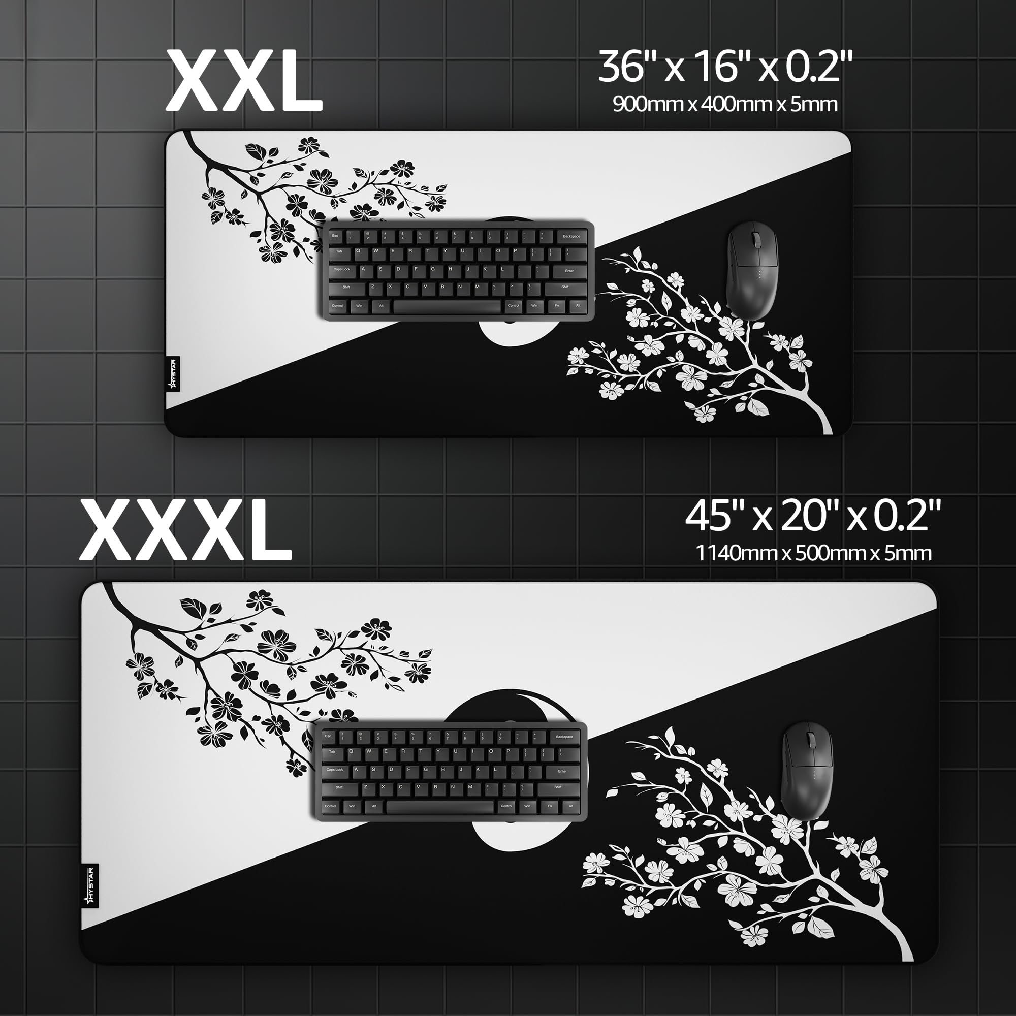 Hystar Tappetino per mouse da gioco esteso | XXL 91,4 x 40,6 cm | Spessore 5 mm, superficie impermeabile, tessuto in poliestere liscio e base in gomma naturale | Yin Yang