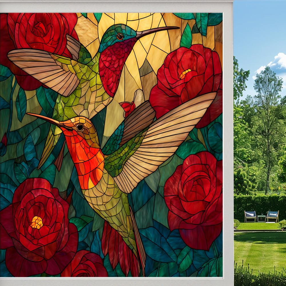Natural Hummingbird Privacy Window Film, Colorful Floral Bird Rose Frosted Self-Adhesive Vinyl Cling for Glass Doors Bathroom Windows Sun Blocking Heat Control, （70x120cm）