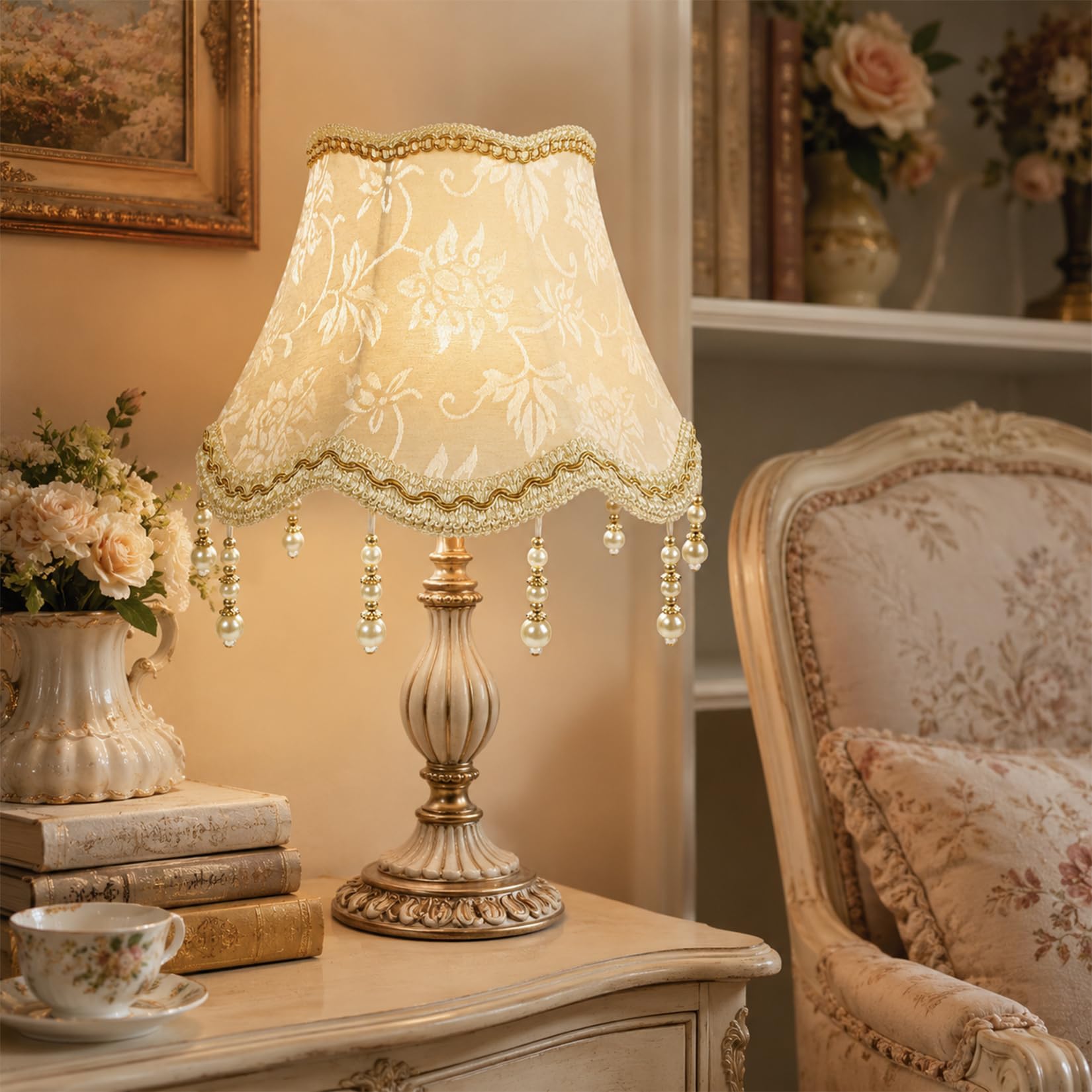 Kleiner Lampenschirm E27 Retro Anhänger Handgefertigte mit Fransen Eleganter Vintage Lampenschirm Stoff für Kronleuchter Pendellampe Wandleuchte Hängelampe (Beige)