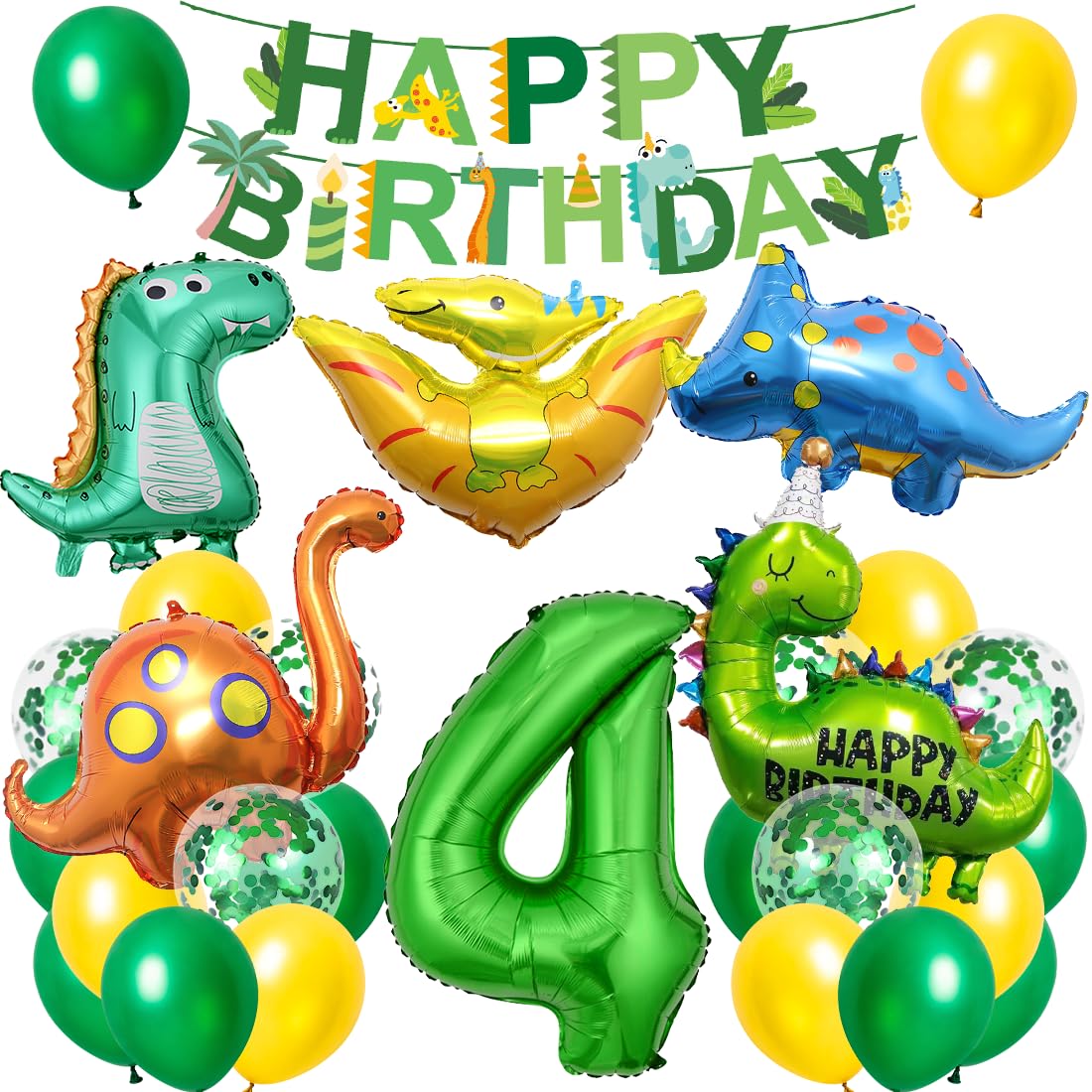 Palloncini Dinosauri Compleanno 4 Anni, XXL Dinosauri Festa Decorazioni, Palloncino Numero 4 con Happy Birthday Striscione, per Festa Compleanno Dinosauro Bambino